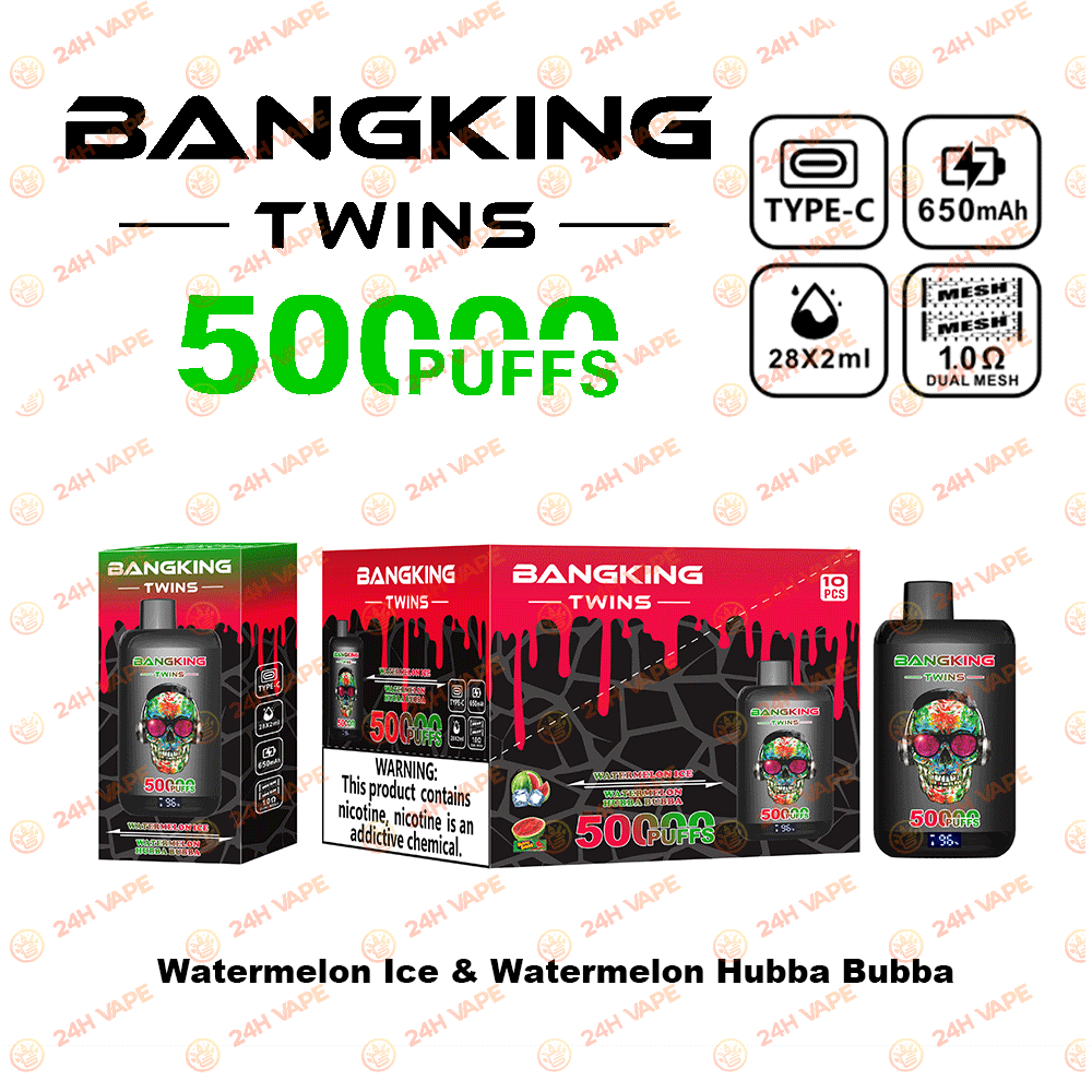Bang King Twins 50000 50K Puffs 2% 3% 5% Nicotine Double Taste LED Display Disposable Vape in Watermelon Ice & Watermelon Hubba Bubba flavor