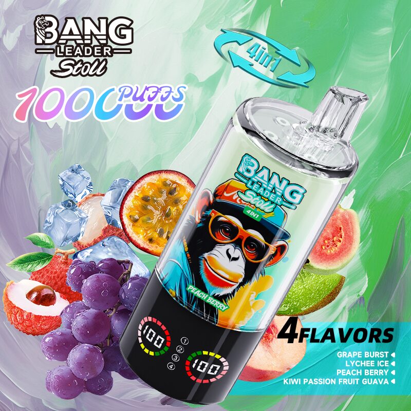 Bang Leader Stoll 100K 100000 Puffs 4 in 1 Flavors & Quad Mesh Coil LED Display Disposable Vape in Grape Burst & Lychee Ice & Peach Berry & Kiwi Fruit