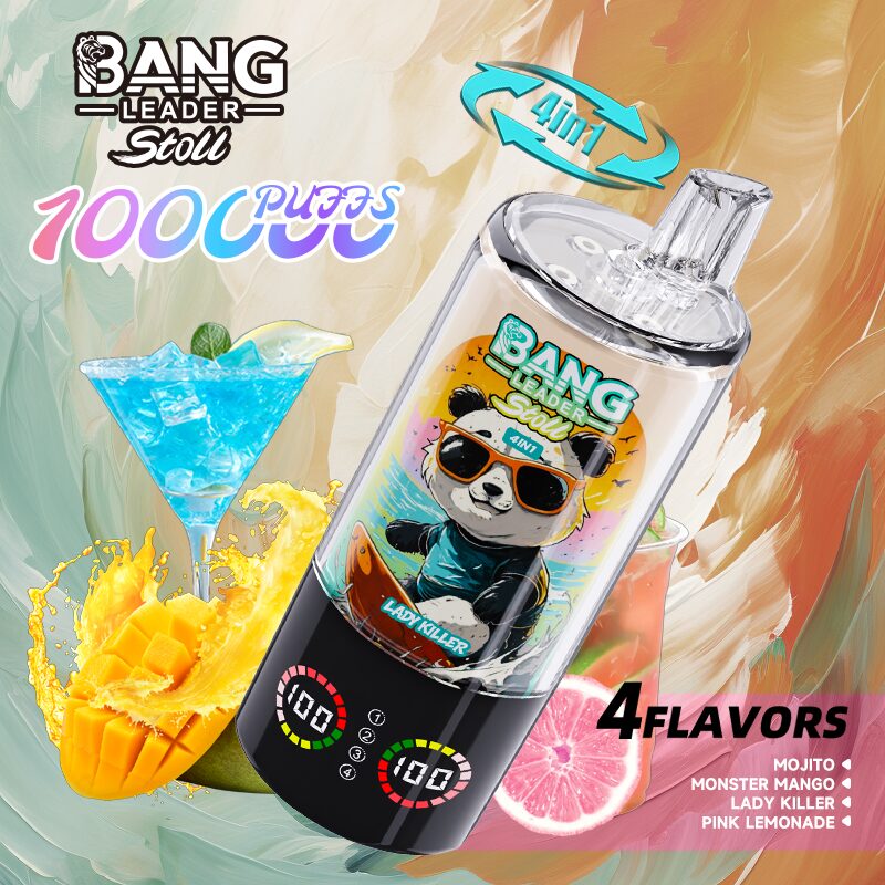 Bang Leader Stoll 100K 100000 Puffs 4 in 1 Flavors & Quad Mesh Coil LED Display Disposable Vape in Mojito & Monster Mango & Lady Killer & Pink Lemonade
