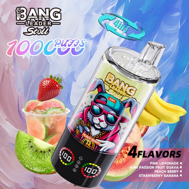Bang Leader Stoll 100K 100000 Puffs 4 in 1 Flavors & Quad Mesh Coil LED Display Disposable Vape in Pink Lemonade & Kiwi Passion Fruit Guava & Peach Berry