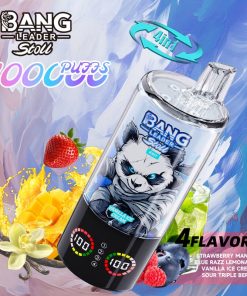 Bang Leader Stoll 100K 100000 Puffs 4 in 1 Flavors & Quad Mesh Coil LED Display Disposable Vape in Strawberry Mango & Blue Razz Lemonade & Vanilla Ice