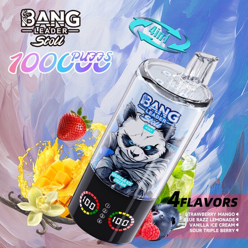 Bang Leader Stoll 100K 100000 Puffs 4 in 1 Flavors & Quad Mesh Coil LED Display Disposable Vape in Strawberry Mango & Blue Razz Lemonade & Vanilla Ice