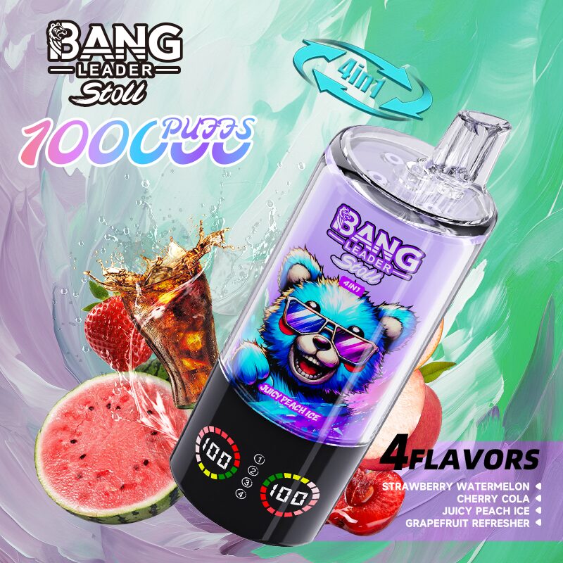 Bang Leader Stoll 100K 100000 Puffs 4 in 1 Flavors & Quad Mesh Coil LED Display Disposable Vape in Strawberry Watermelon & Cherry Cola & Juicy Peach Ice &