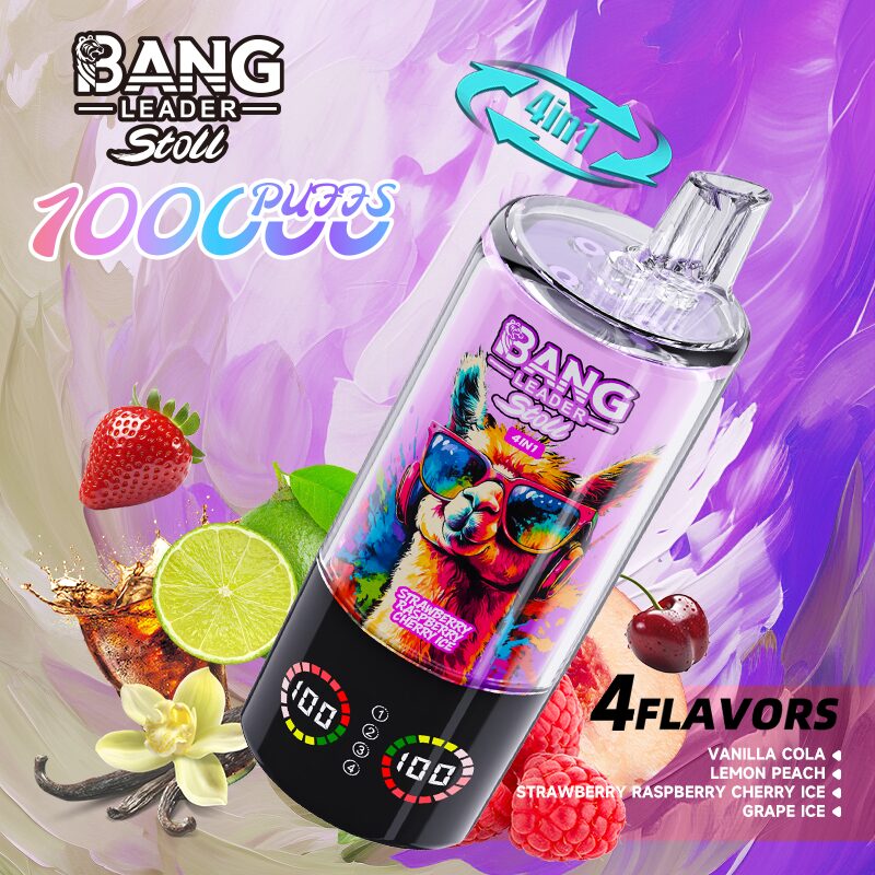Bang Leader Stoll 100K 100000 Puffs 4 in 1 Flavors & Quad Mesh Coil LED Display Disposable Vape in Vanilla Cola & Lemon Peach & Strawberry Raspberry