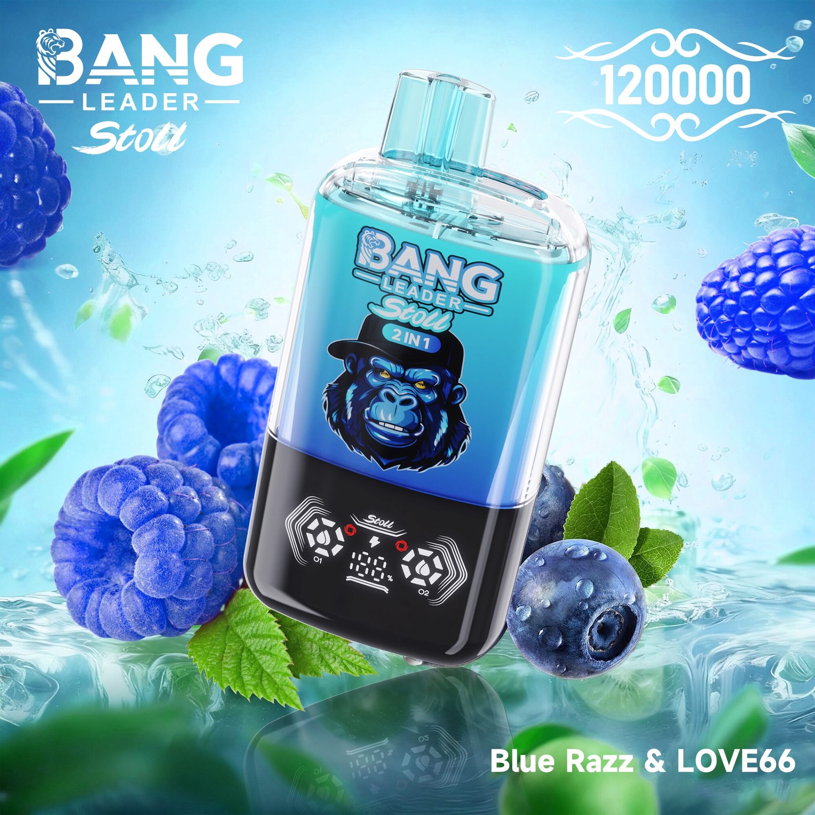 Bang Leader Stoll 120K 120000 Puffs Double Taste&Anti-Leak Design LED Display Disposable Vape in Blue Razz & Love 66 flavor