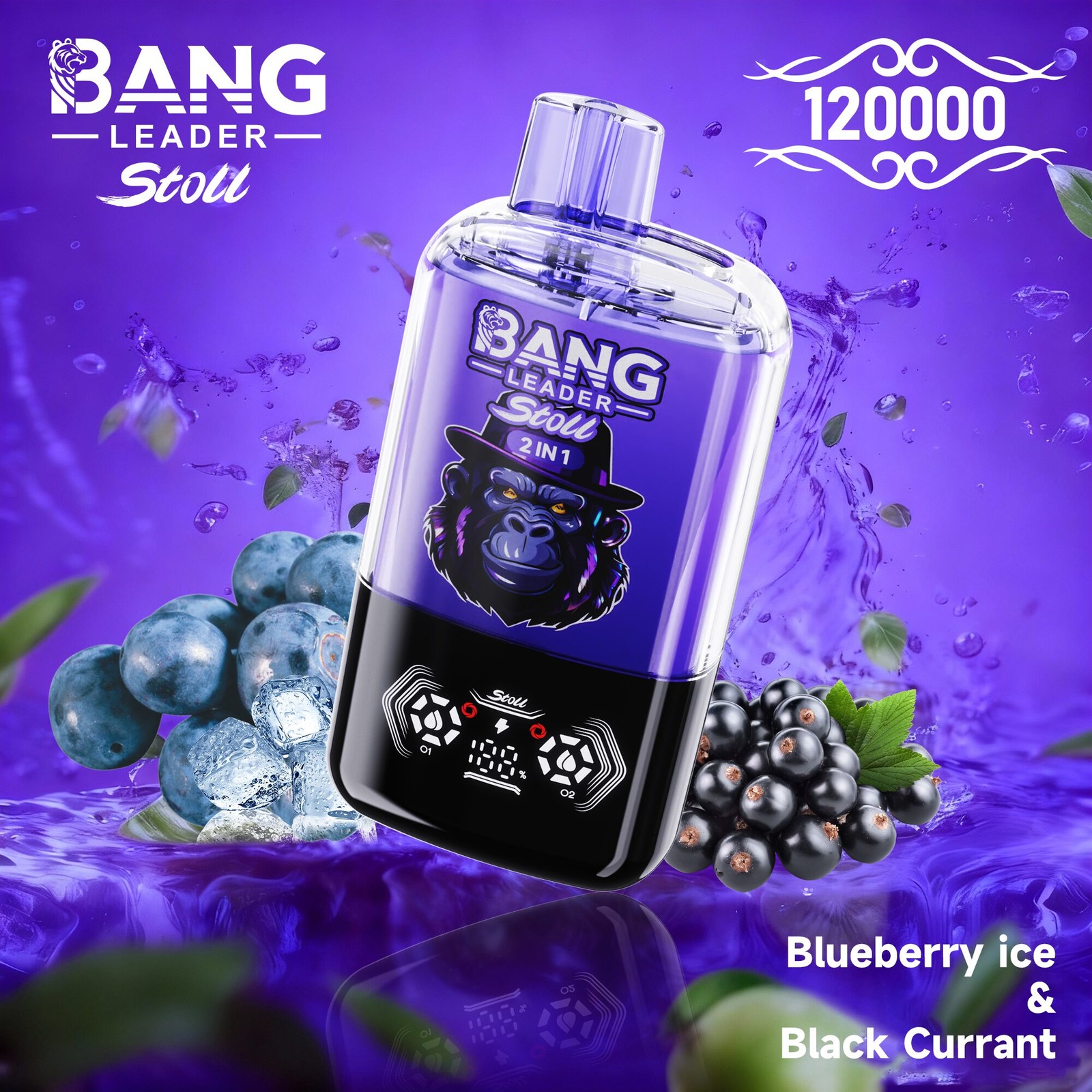 Bang Leader Stoll 120K 120000 Puffs Double Taste&Anti-Leak Design LED Display Disposable Vape in Blueberry Ice & Black Currant flavor