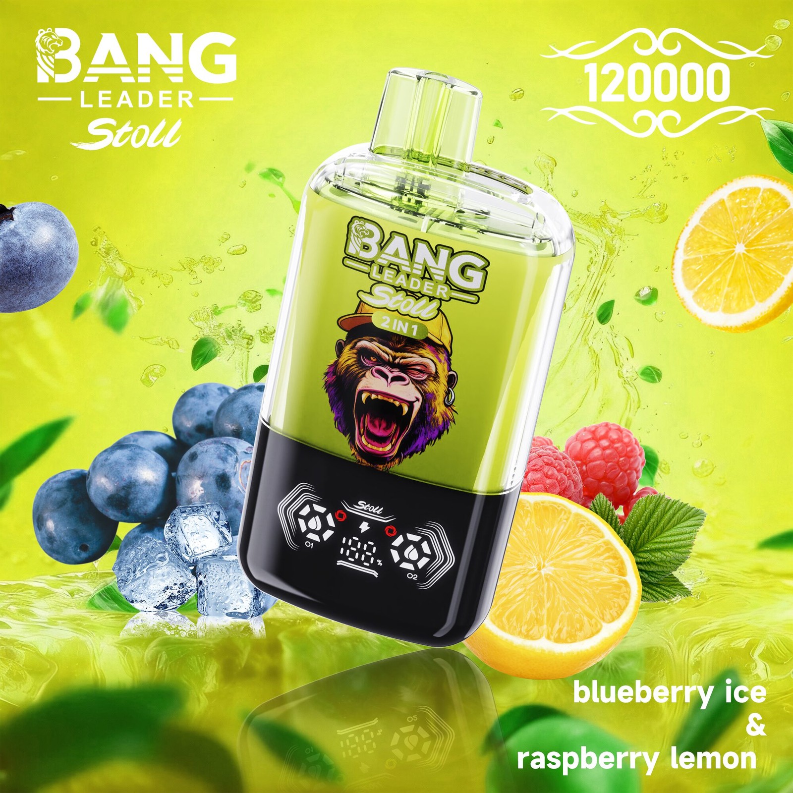 Bang Leader Stoll 120K 120000 Puffs Double Taste&Anti-Leak Design LED Display Disposable Vape in Blueberry Ice & Raspberry Lemon flavor
