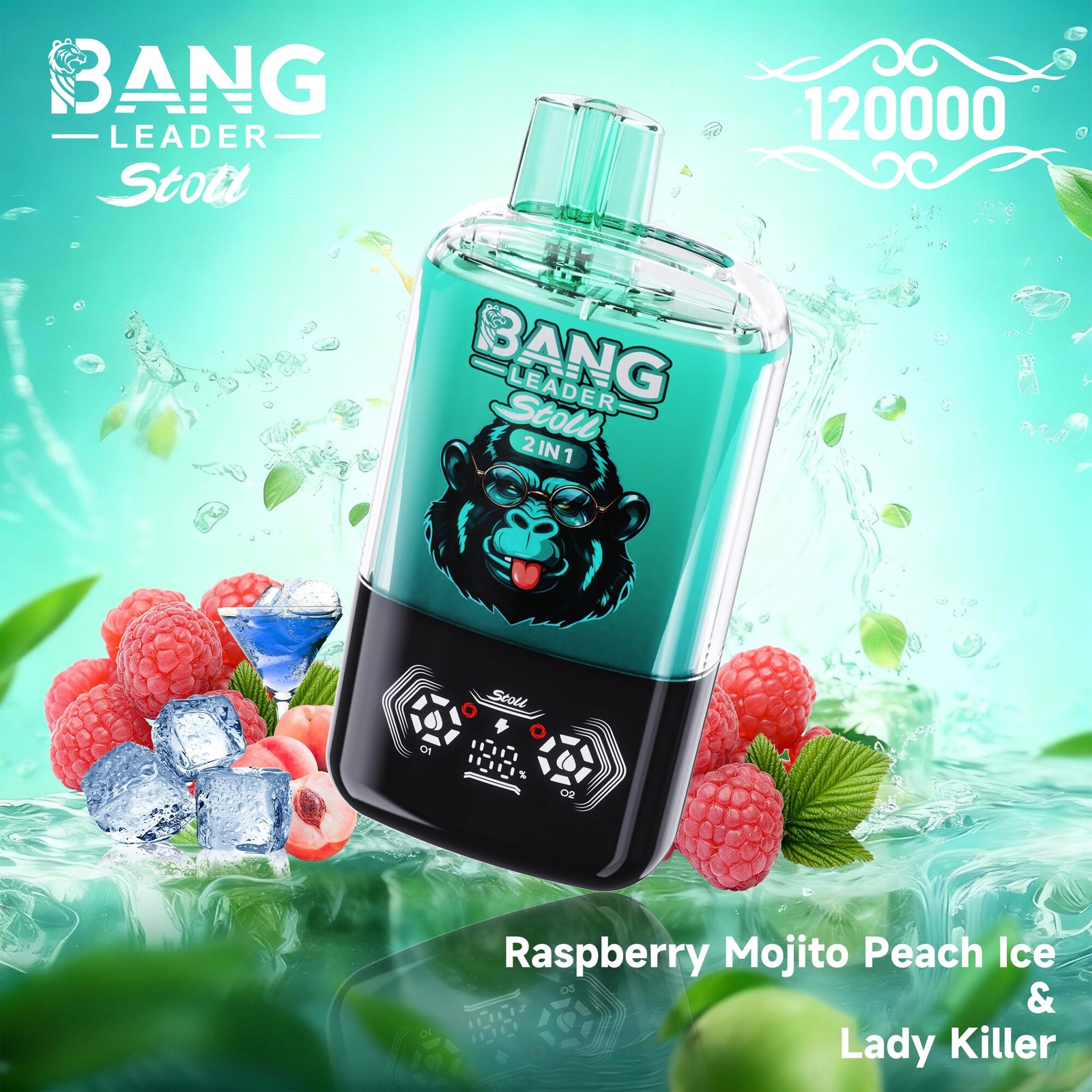 Bang Leader Stoll 120K 120000 Puffs Double Taste&Anti-Leak Design LED Display Disposable Vape in Raspberry Mojito Peach Ice & Lady Killer flavor