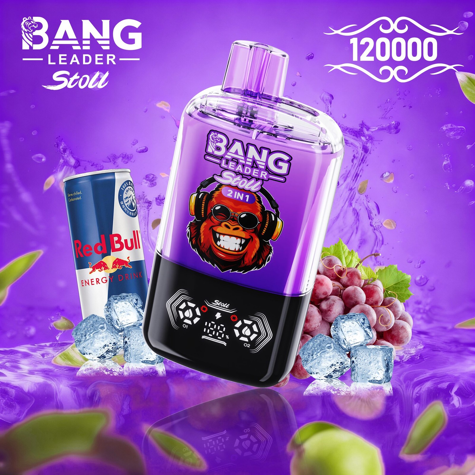 Bang Leader Stoll 120K 120000 Puffs Double Taste&Anti-Leak Design LED Display Disposable Vape in Red Energy & Grape Ice flavor