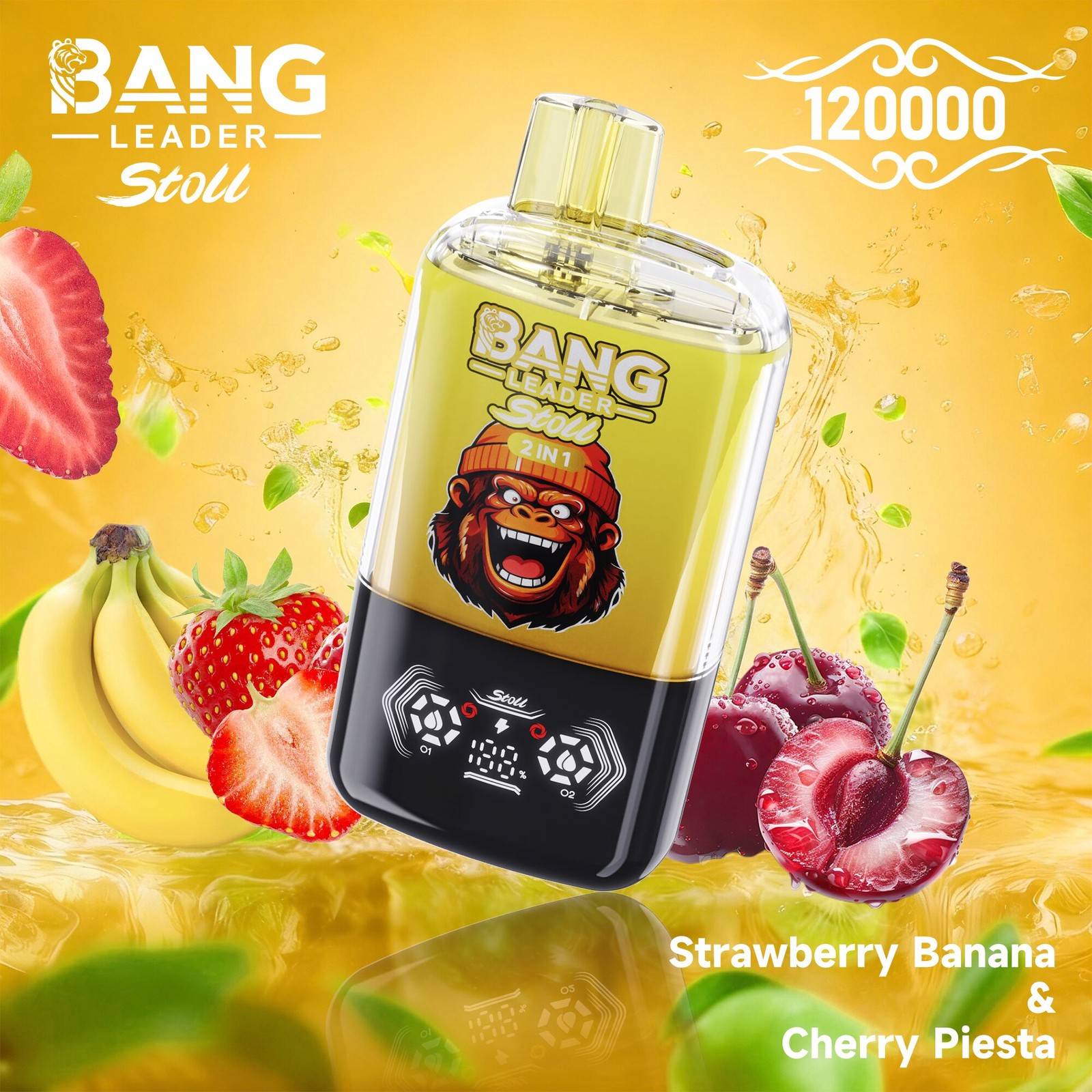 Bang Leader Stoll 120K 120000 Puffs Double Taste&Anti-Leak Design LED Display Disposable Vape in Strawberry Banana & Cherry Piesta flavor