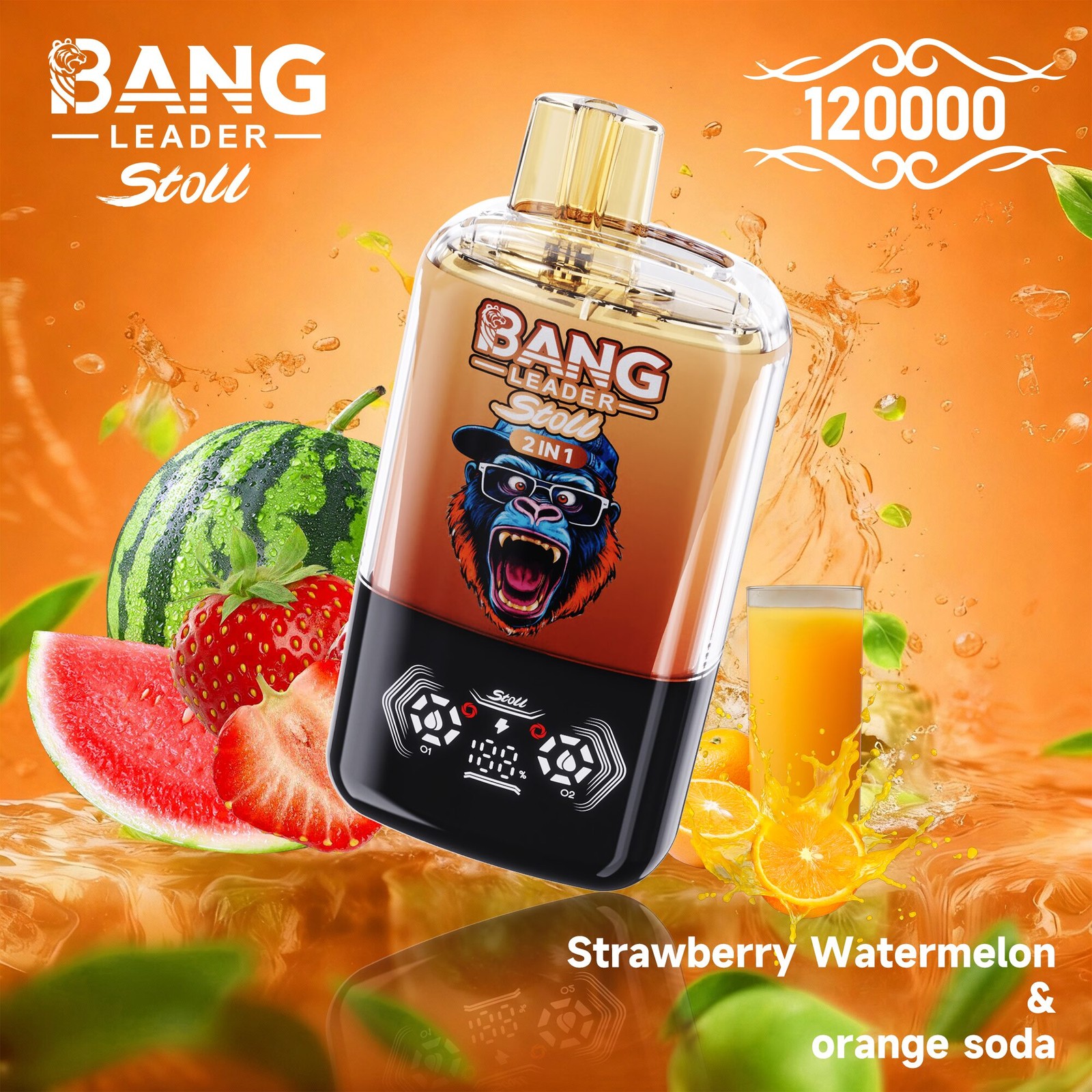 Bang Leader Stoll 120K 120000 Puffs Double Taste&Anti-Leak Design LED Display Disposable Vape in Strawberry Watermelon & Orange Soda flavor