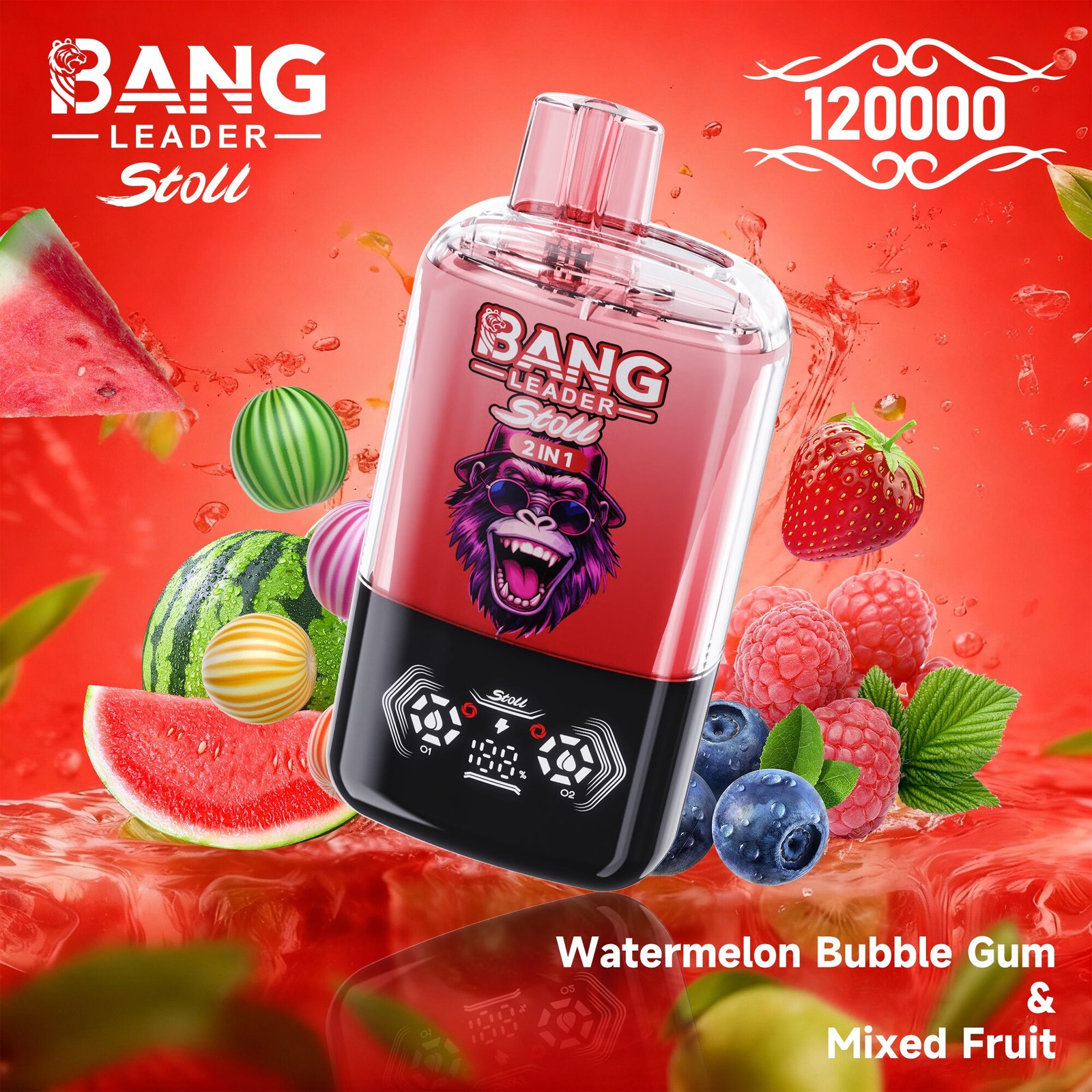 Bang Leader Stoll 120K 120000 Puffs Double Taste&Anti-Leak Design LED Display Disposable Vape in Watermelon Bubble Gum & Miexd Fruit flavor