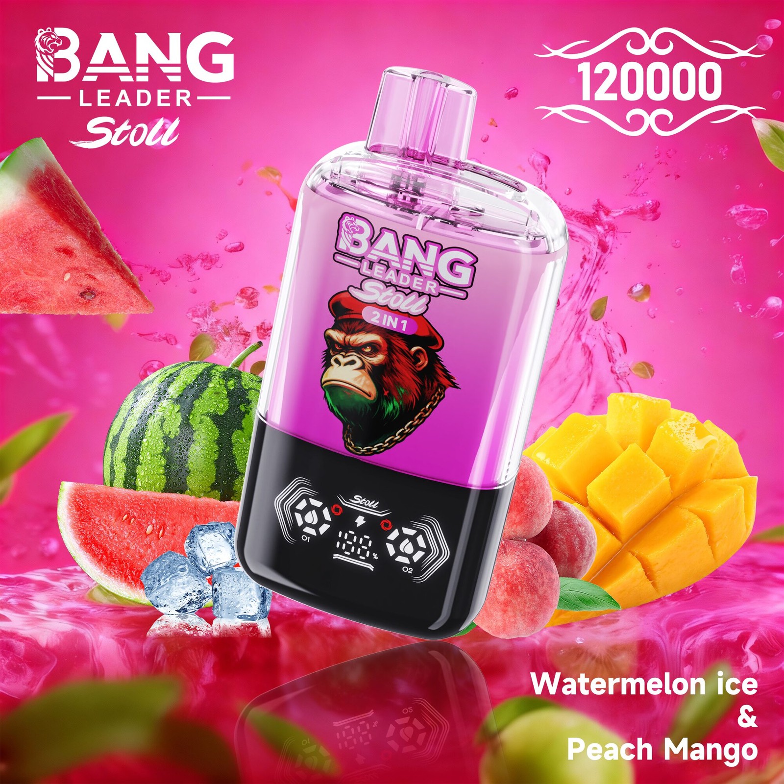 Bang Leader Stoll 120K 120000 Puffs Double Taste&Anti-Leak Design LED Display Disposable Vape in Watermelon Ice & Peach Mango flavor