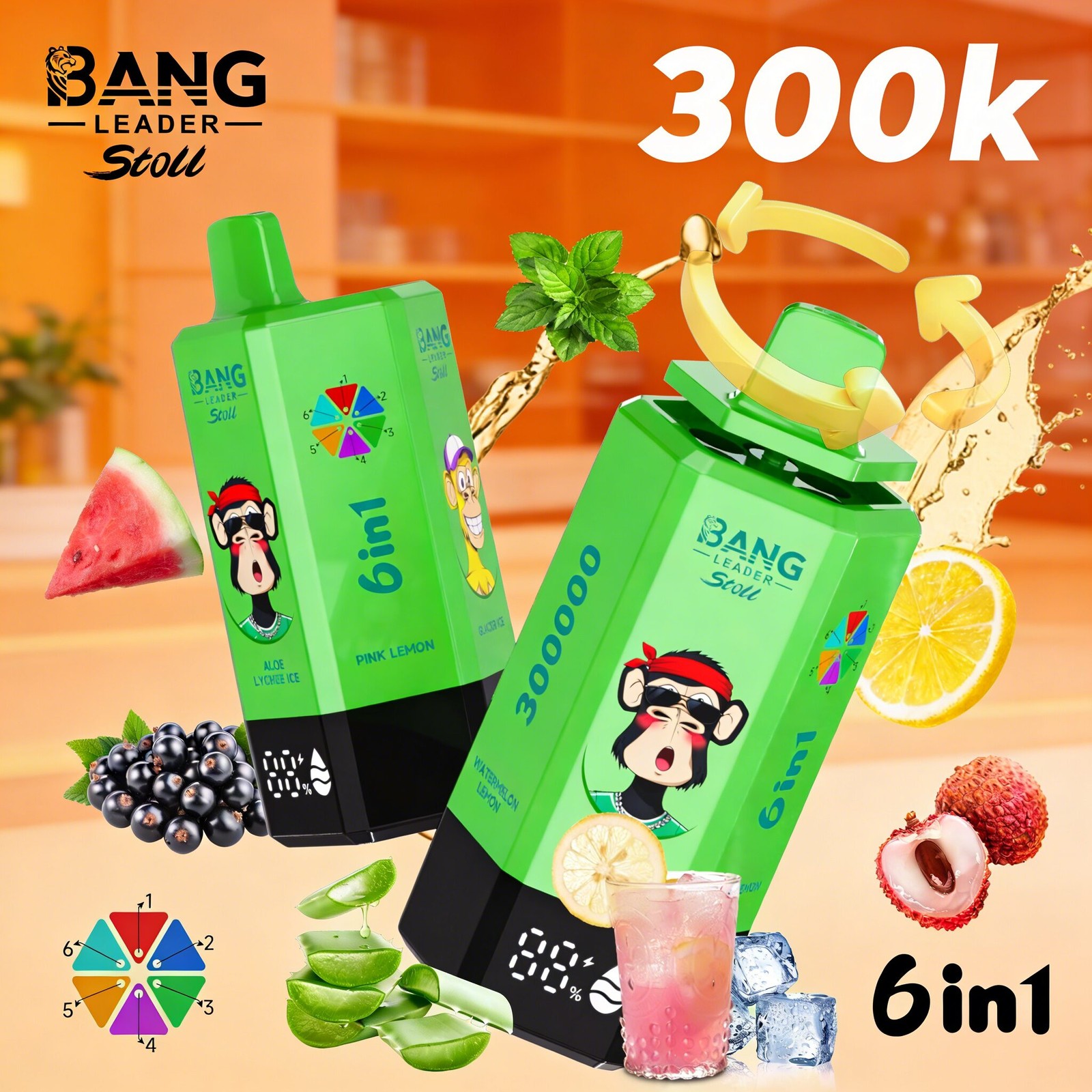 Bang Leader 300K 300000 Puffs 6 in 1 Flavors & 6 oil tanks Rechargeable LCD Display Disposable Vape EU Warehouse in bang leader 300k eu warehouse aloe
