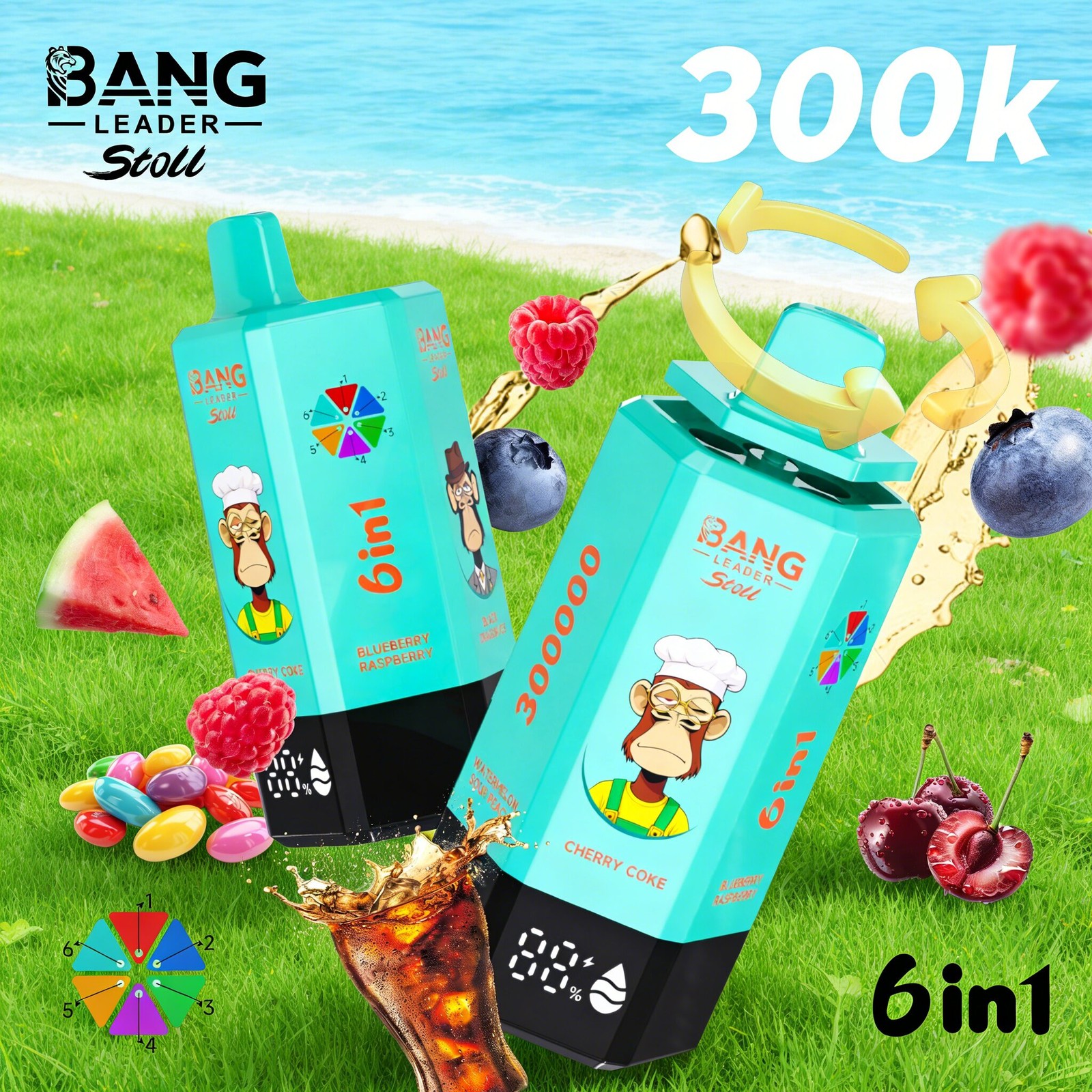 Bang Leader 300K 300000 Puffs 6 in 1 Flavors & 6 oil tanks Rechargeable LCD Display Disposable Vape EU Warehouse in bang leader 300k eu warehouse cherry