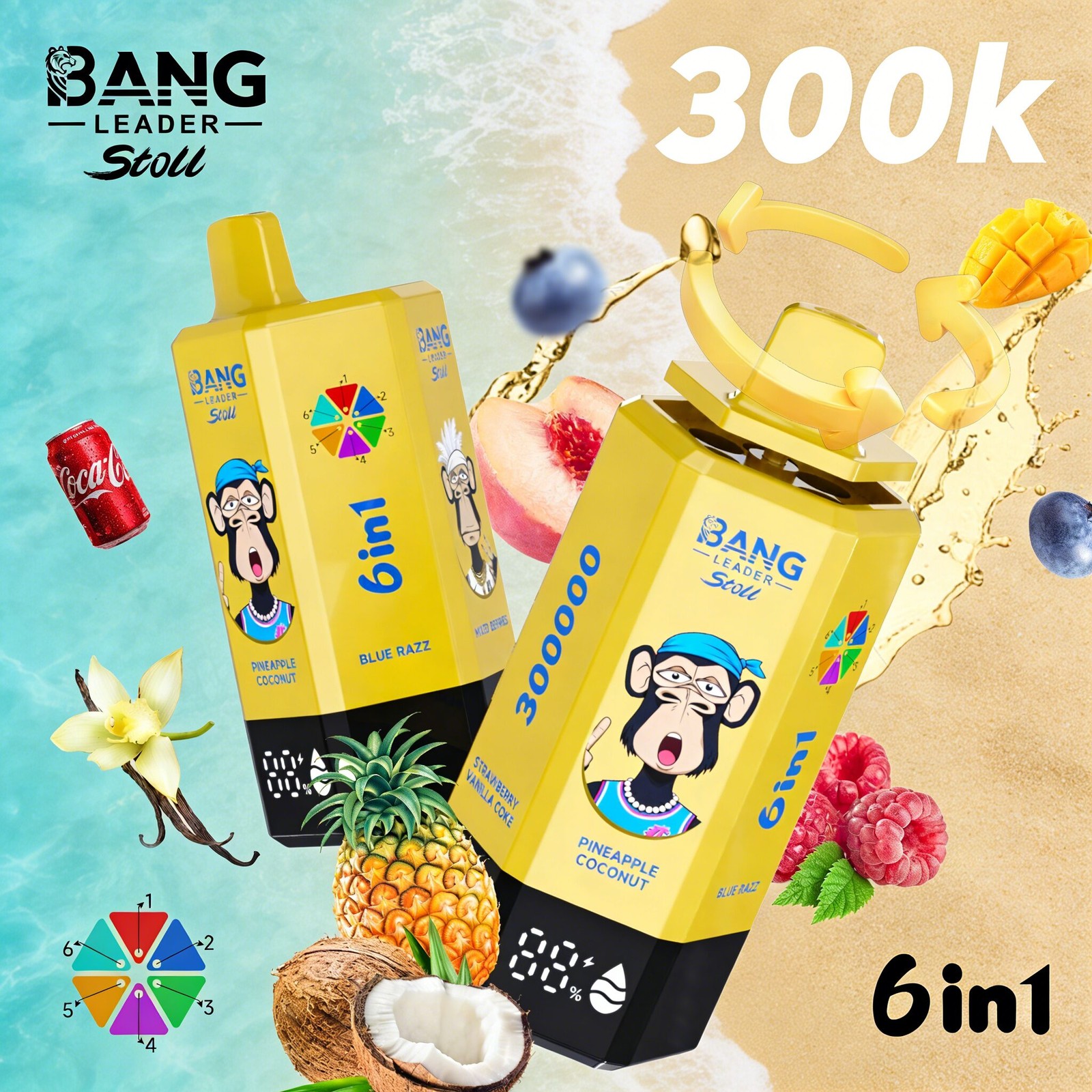 Bang Leader 300K 300000 Puffs 6 in 1 Flavors & 6 oil tanks Rechargeable LCD Display Disposable Vape EU Warehouse in bang leader 300k eu warehouse