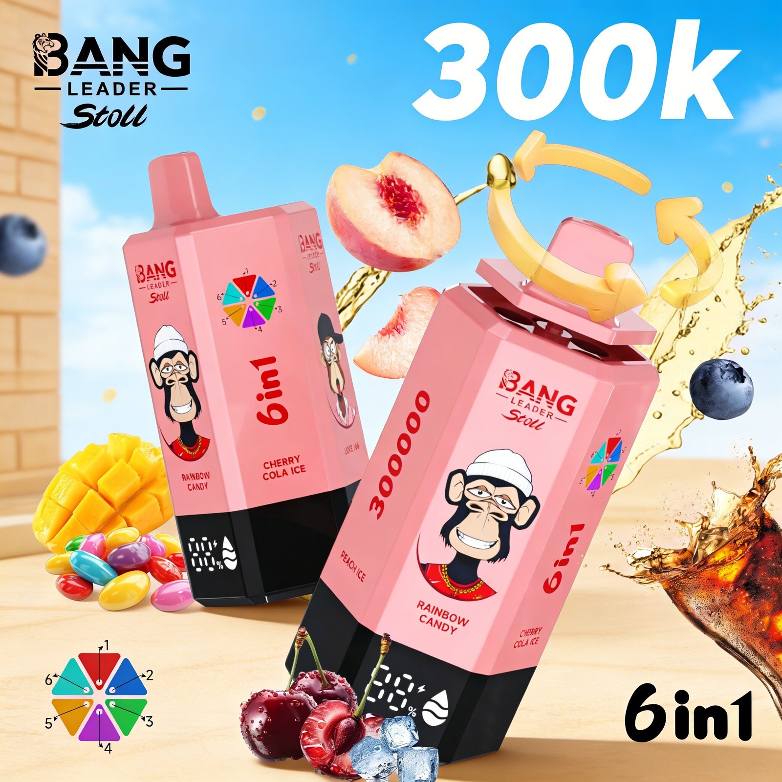Bang Leader 300K 300000 Puffs 6 in 1 Flavors & 6 oil tanks Rechargeable LCD Display Disposable Vape EU Warehouse in bang leader 300k eu warehouse rainbow