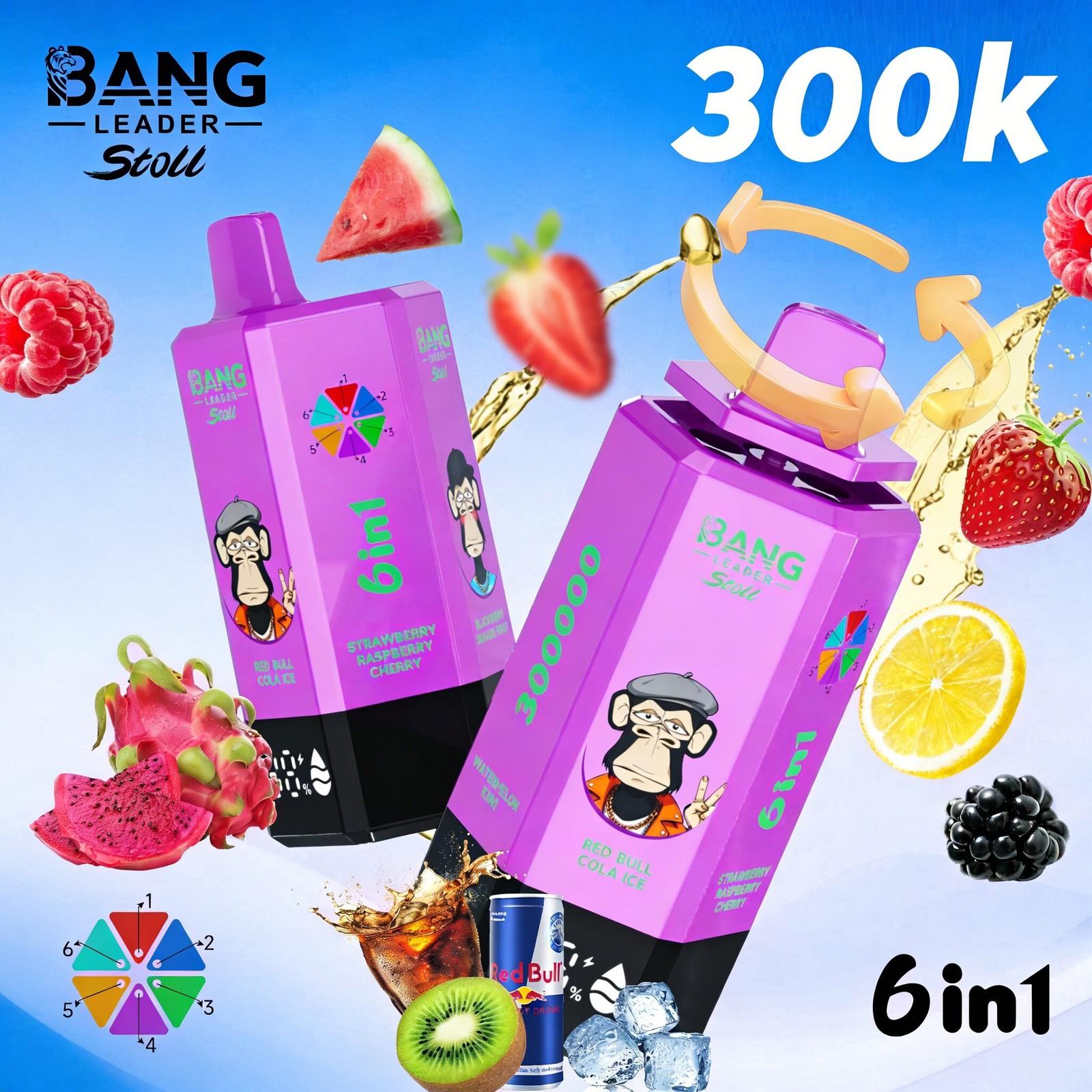 Bang Leader 300K 300000 Puffs 6 in 1 Flavors & 6 oil tanks Rechargeable LCD Display Disposable Vape EU Warehouse in bang leader 300k eu warehouse red bull