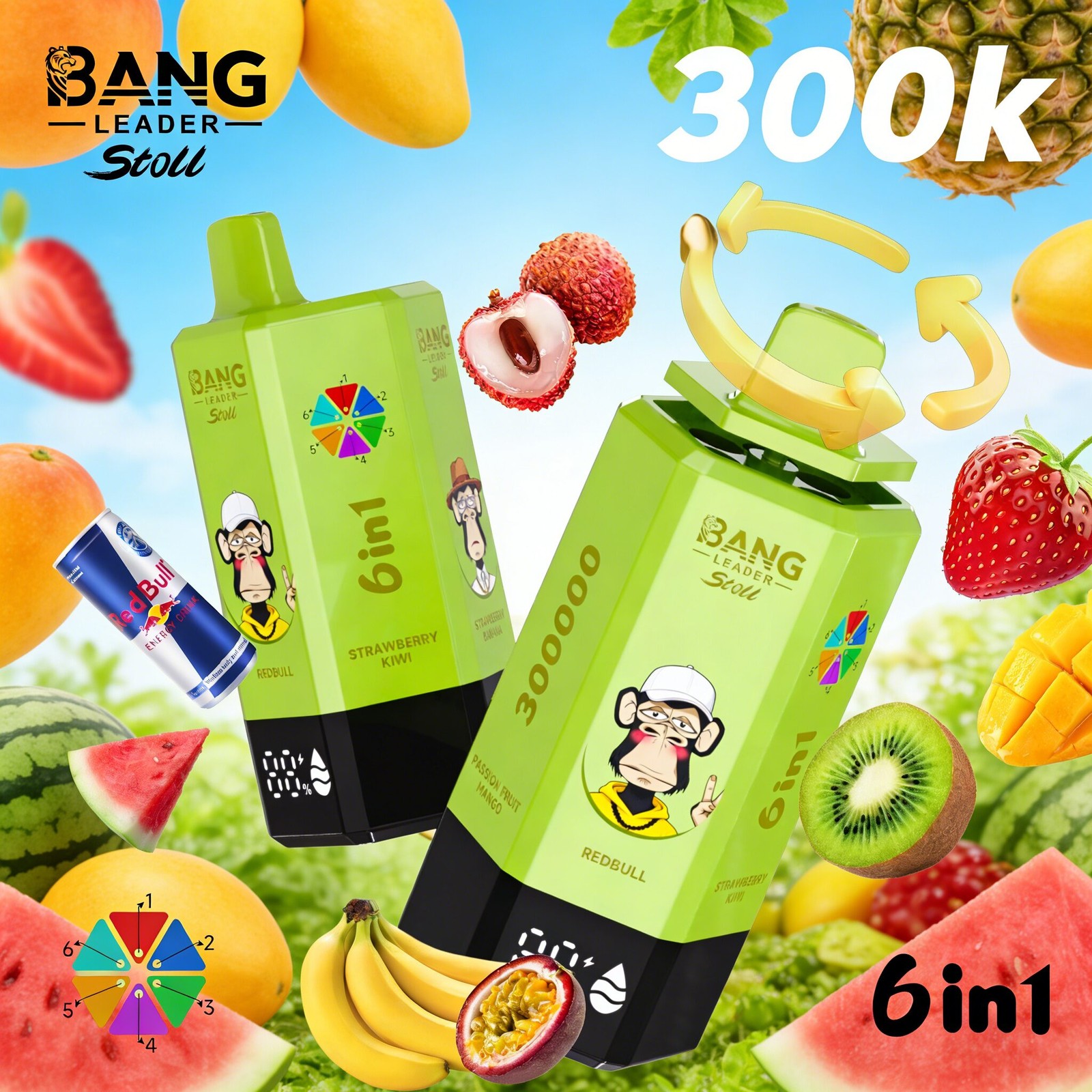 Bang Leader 300K 300000 Puffs 6 in 1 Flavors & 6 oil tanks Rechargeable LCD Display Disposable Vape EU Warehouse in bang leader 300k eu warehouse redbull
