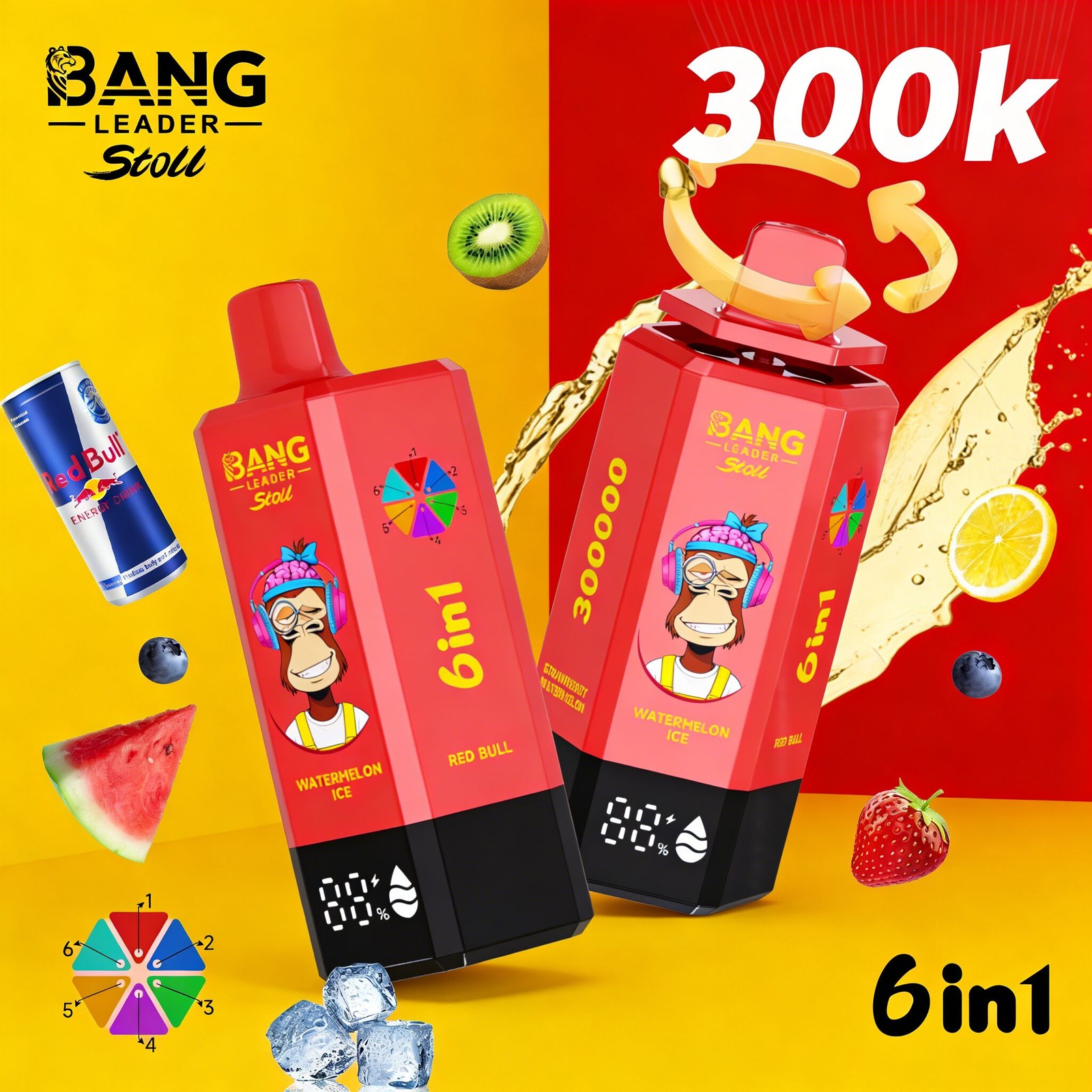 Bang Leader 300K 300000 Puffs 6 in 1 Flavors & 6 oil tanks Rechargeable LCD Display Disposable Vape EU Warehouse in bang leader 300k eu warehouse