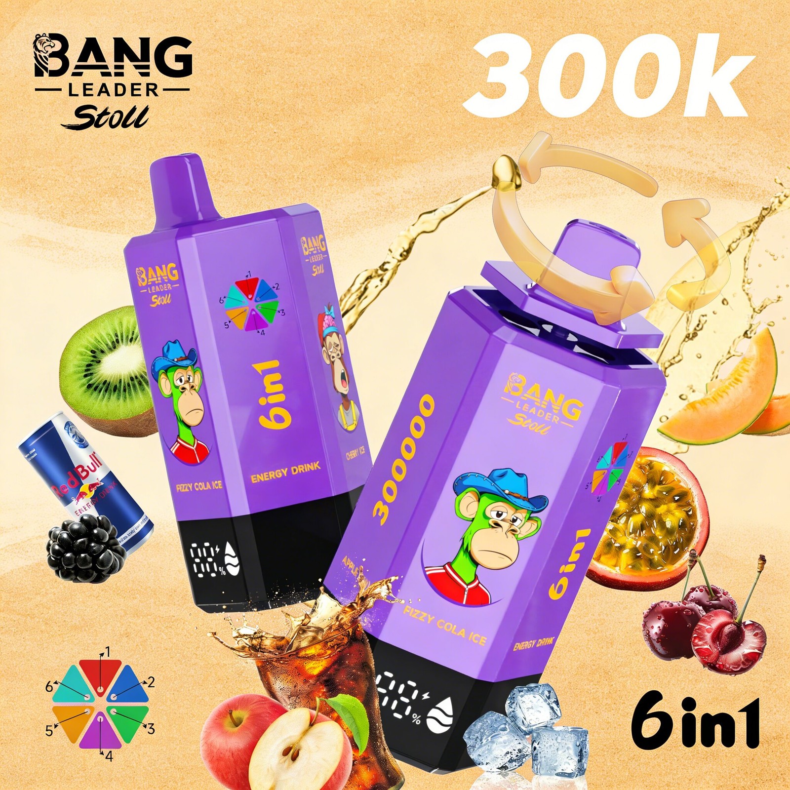 Bang Leader 300K 300000 Puffs 6 in 1 Flavors & 6 oil tanks Rechargeable LCD Display Disposable Vape EU Warehouse product detail image