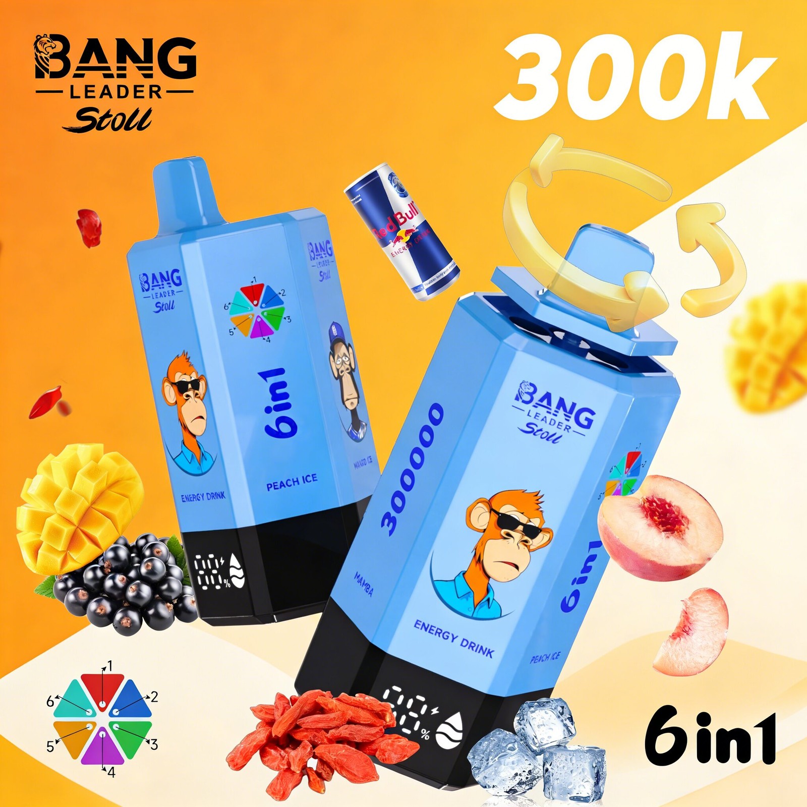 Bang Leader 300K 300000 Puffs 6 in 1 Flavors & 6 oil tanks Rechargeable LCD Display Disposable Vape EU Warehouse in Energy Drink & Peach Ice & Mango Ice &