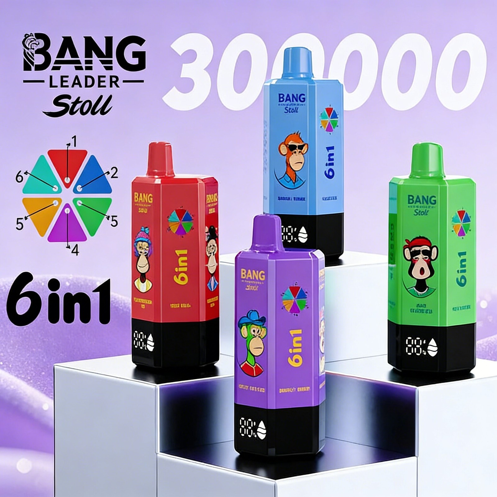 Bang Leader 300K 300000 Puffs 6 in 1 Flavors & 6 oil tanks Rechargeable LCD Display Disposable Vape EU Warehouse product image
