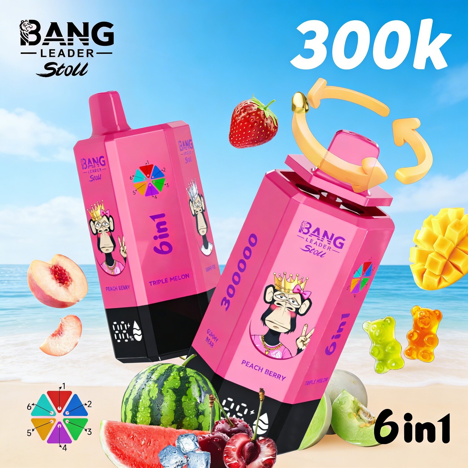 Bang Leader 300K 300000 Puffs 6 in 1 Flavors & 6 oil tanks Rechargeable LCD Display Disposable Vape EU Warehouse product detail image
