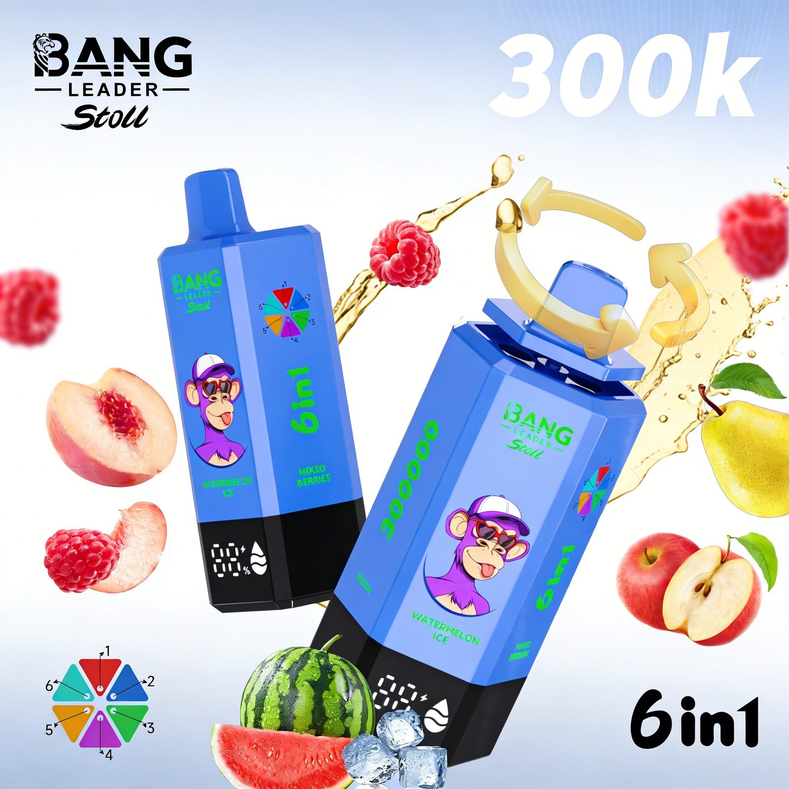 Bang Leader 300K 300000 Puffs 6 in 1 Flavors & 6 oil tanks Rechargeable LCD Display Disposable Vape EU Warehouse product detail image