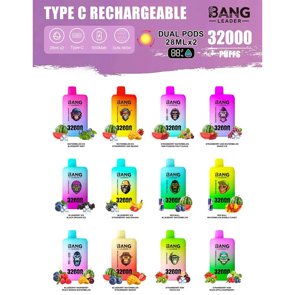 Bang Leader 32000 32k Puffs 0% 2% 3% 5% Nicotine Double Taste Disposable Vape in Avocado Ice & Lemon Lime flavor
