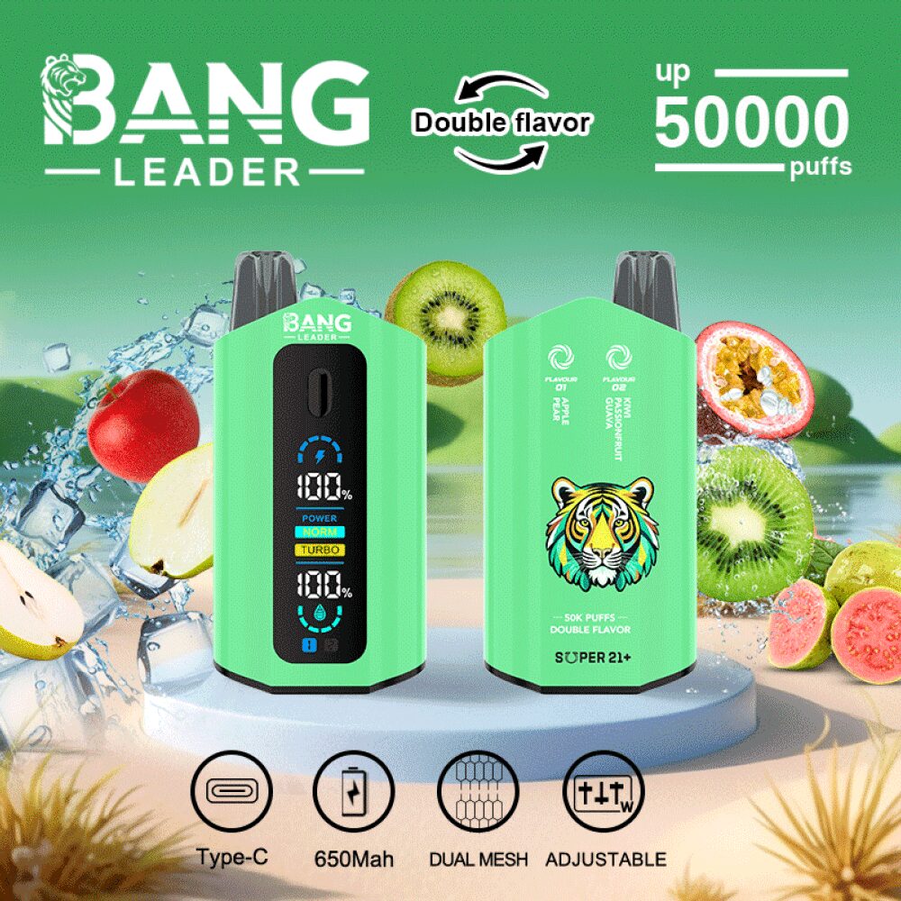 Bang Leader 50000 50K Puffs 2% 3% 5% Nicotine Double Taste LCD Display Disposable Vape in Apple Pear & Kiwi Passion Fruit Guava flavor