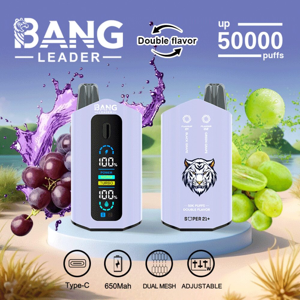 Bang Leader 50000 50K Puffs 2% 3% 5% Nicotine Double Taste LCD Display Disposable Vape in Black Grape & Green Grape flavor