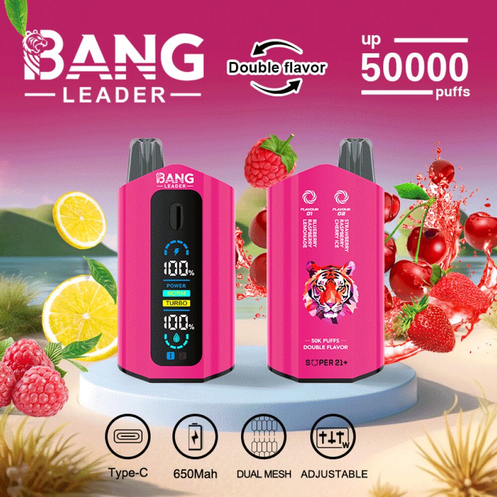 Bang Leader 50000 50K Puffs 2% 3% 5% Nicotine Double Taste LCD Display Disposable Vape in Blueberry Raspberry Lemonade & Strawberry Raspberry Cherry Ice