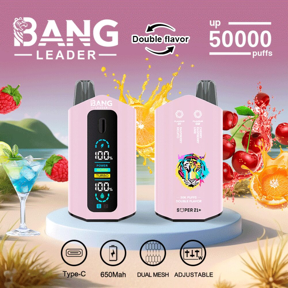 Bang Leader 50000 50K Puffs 2% 3% 5% Nicotine Double Taste LCD Display Disposable Vape in Raspberry Mojito & Cherry Raspberry Lime flavor