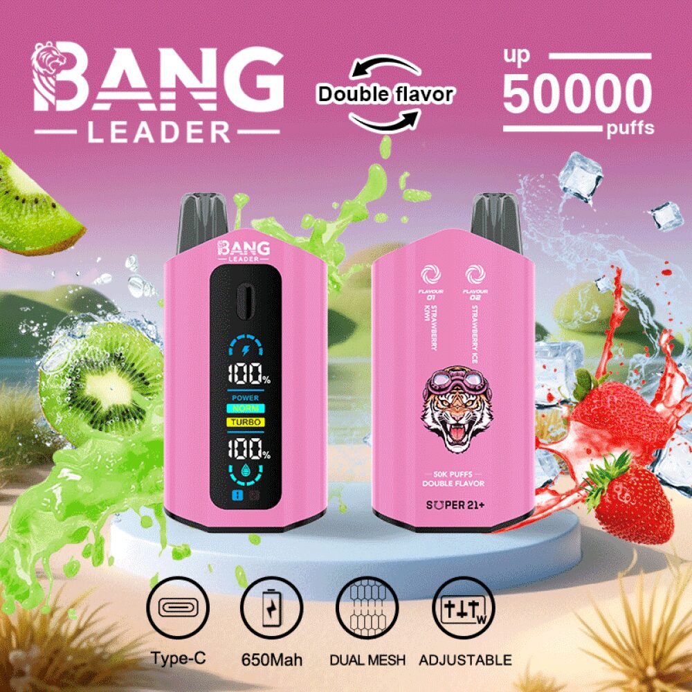 Bang Leader 50000 50K Puffs 2% 3% 5% Nicotine Double Taste LCD Display Disposable Vape in Strawberry Kiwi & Strawberry Ice flavor
