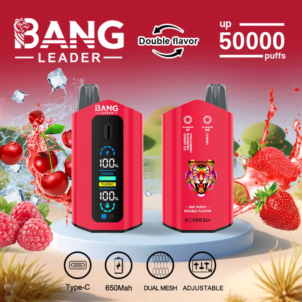 Bang Leader 50000 50K Puffs 2% 3% 5% Nicotine Double Taste LCD Display Disposable Vape in Strawberry Raspberry Cherry Ice & Cherry flavor