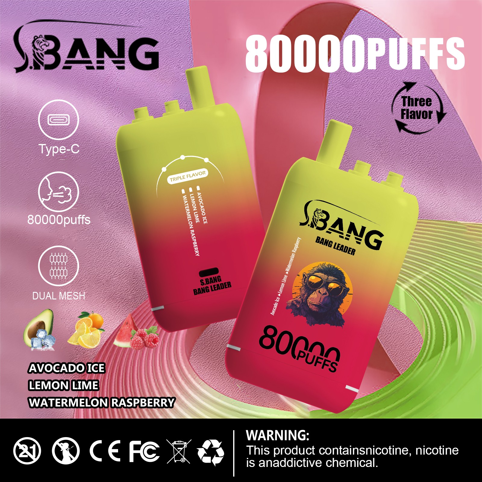 Bang Leader 80000 80K Puffs 3 in 1 Flavors Rechargeable Disposable Vape in Avocado Ice + Lemon Lime + Watermelon Raspberry flavor