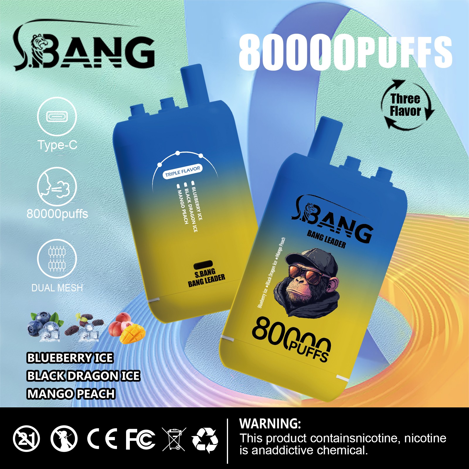 Bang Leader 80000 80K Puffs 3 in 1 Flavors Rechargeable Disposable Vape in Blueberry Ice + Black Dragon Ice + Mango Peach flavor
