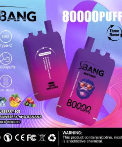 Bang Leader 80000 80K Puffs 3 in 1 Flavors Rechargeable Disposable Vape in Blueberry Ice + Strawberry And Banana + Mixed Berries flavor
