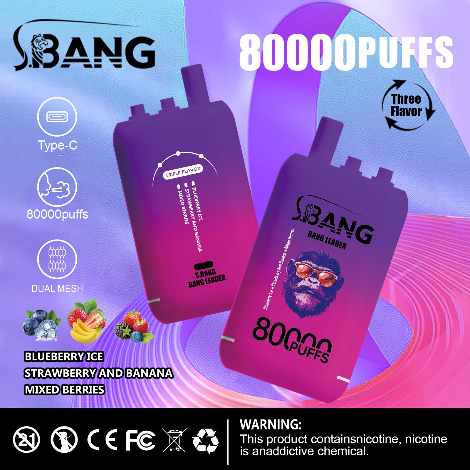 Bang Leader 80000 80K Puffs 3 in 1 Flavors Rechargeable Disposable Vape in Blueberry Ice + Strawberry And Banana + Mixed Berries flavor