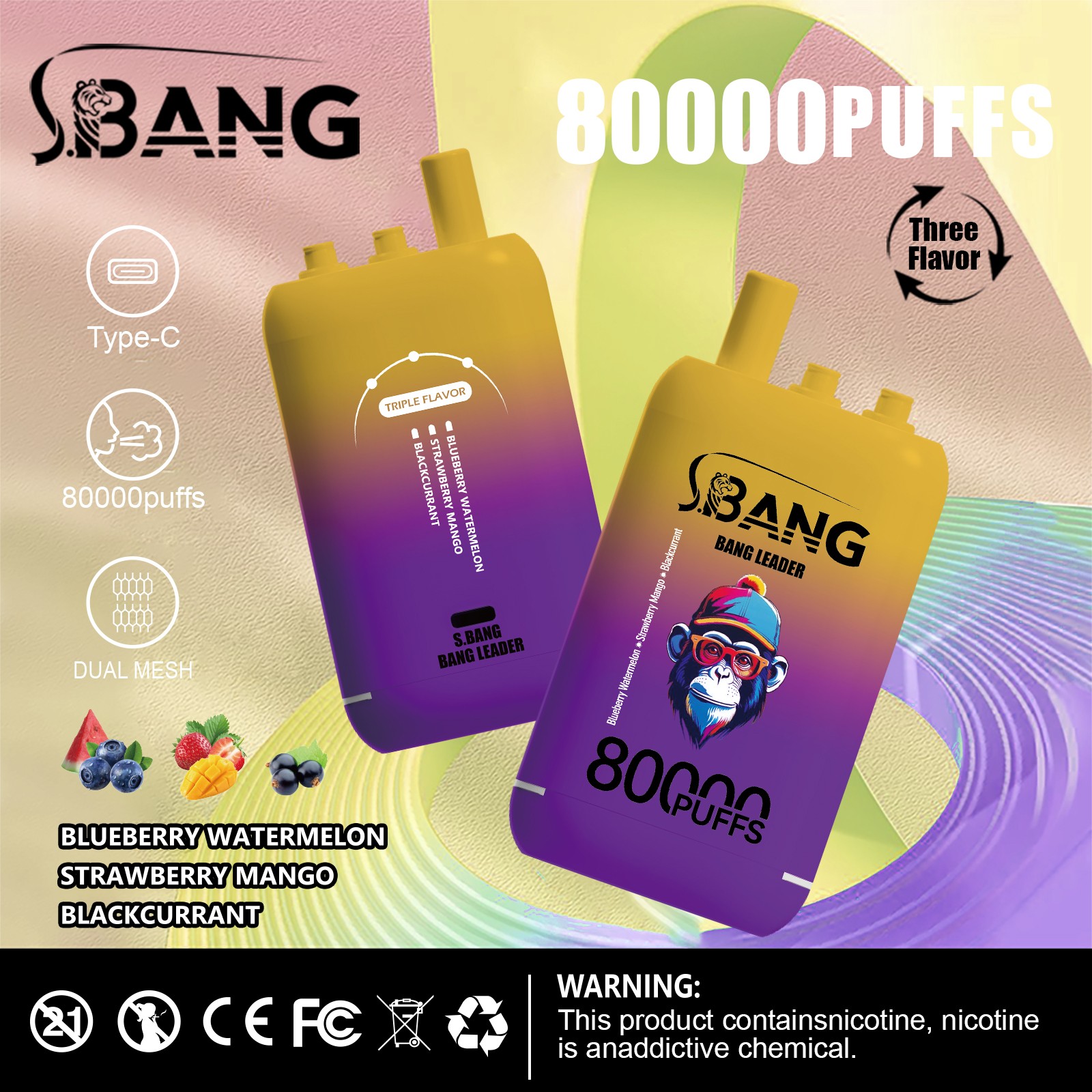 Bang Leader 80000 80K Puffs 3 in 1 Flavors Rechargeable Disposable Vape in Blueberry Watermelon + Strawberry Mango + Blackcurrant flavor