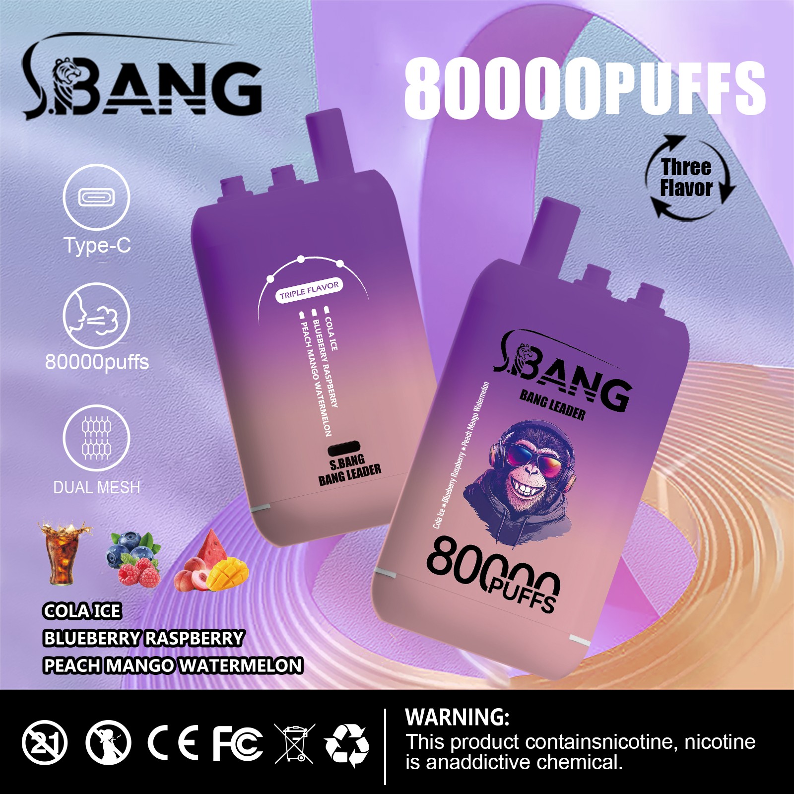 Bang Leader 80000 80K Puffs 3 in 1 Flavors Rechargeable Disposable Vape in Cola Ice + Blueberry Raspberry + Peach Mango Watermelon flavor