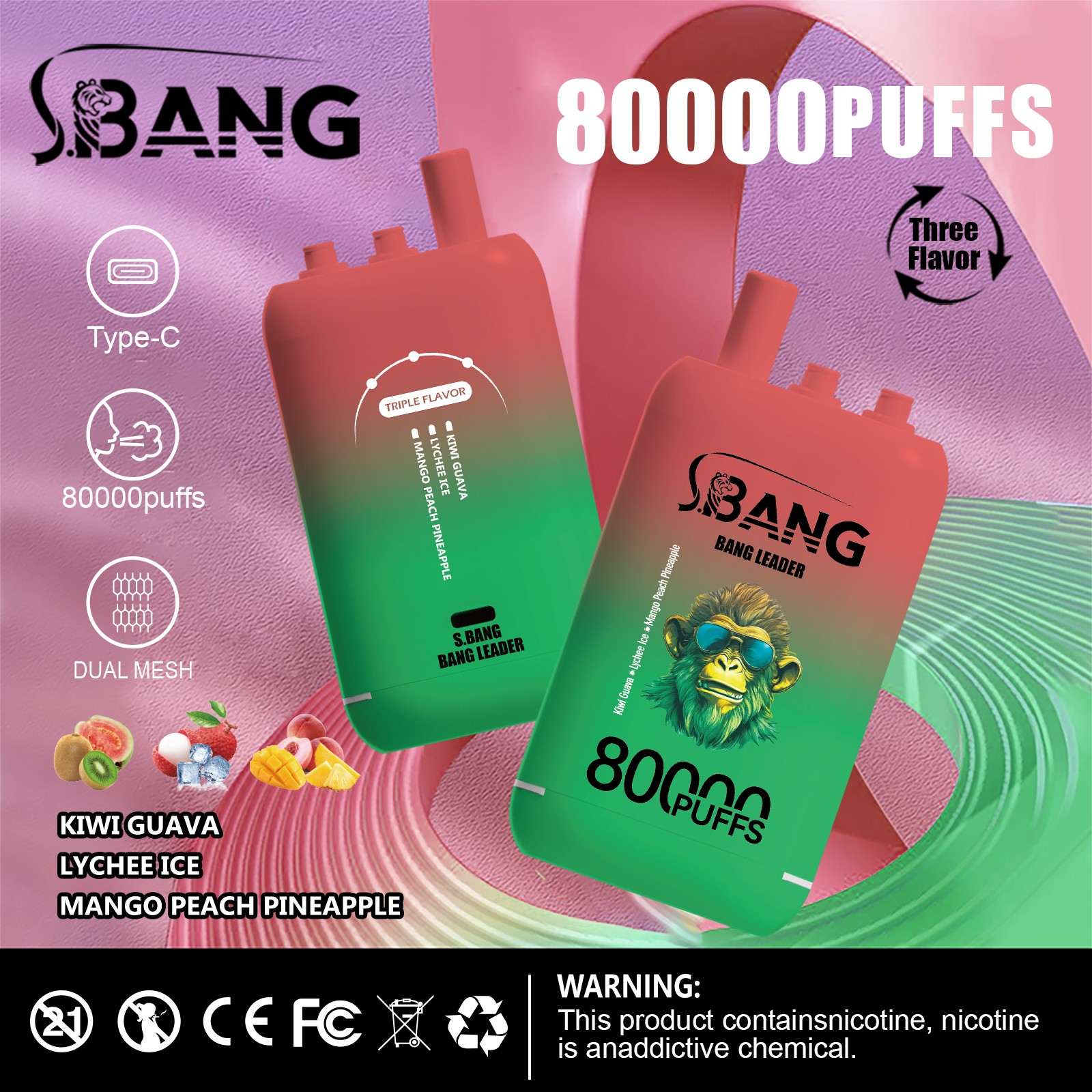 Bang Leader 80000 80K Puffs 3 in 1 Flavors Rechargeable Disposable Vape in Kiwi Passion + Lychee Ice + Mango Peach Pine flavor