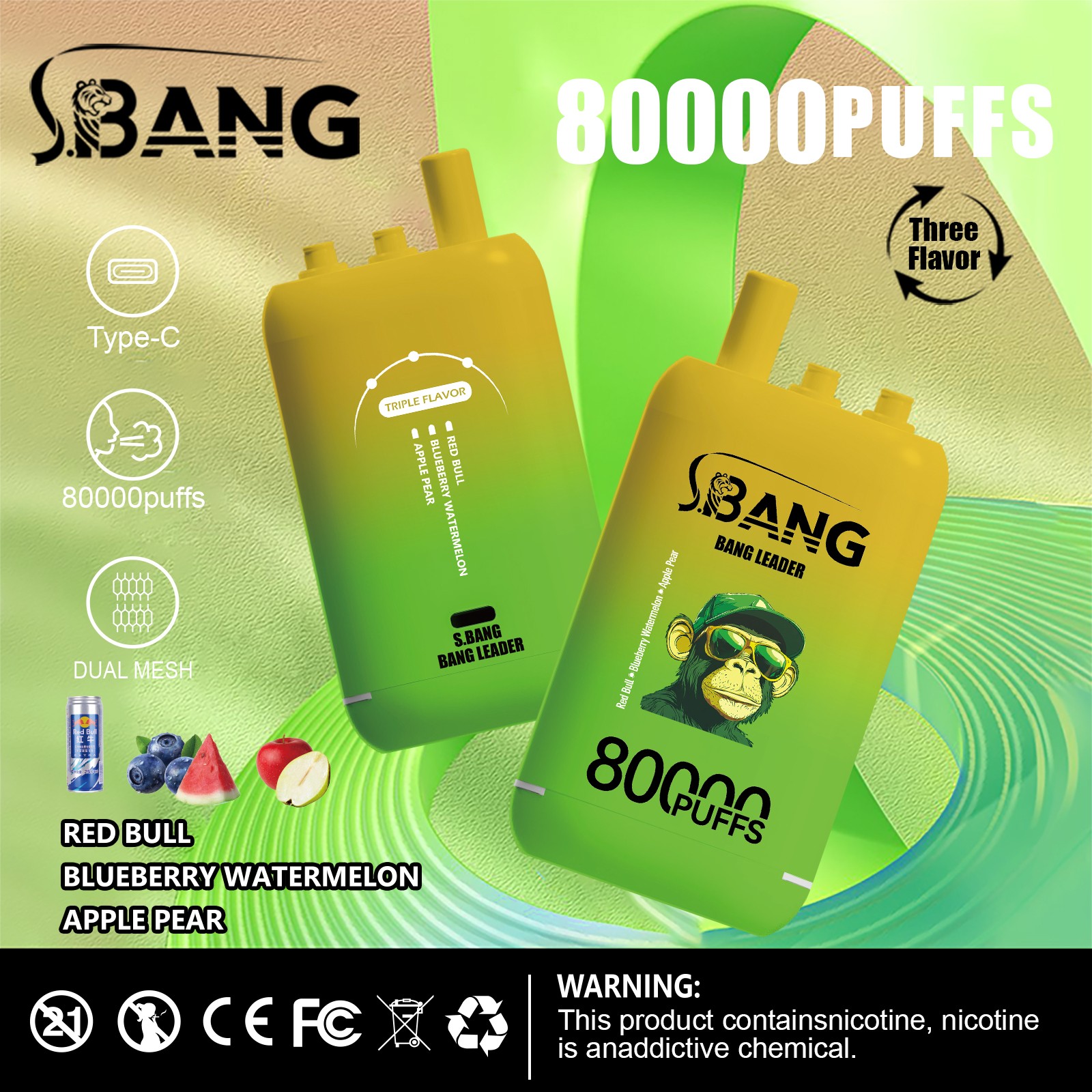 Bang Leader 80000 80K Puffs 3 in 1 Flavors Rechargeable Disposable Vape in Red Bull + Blueberry Watermelon + Apple Pear flavor
