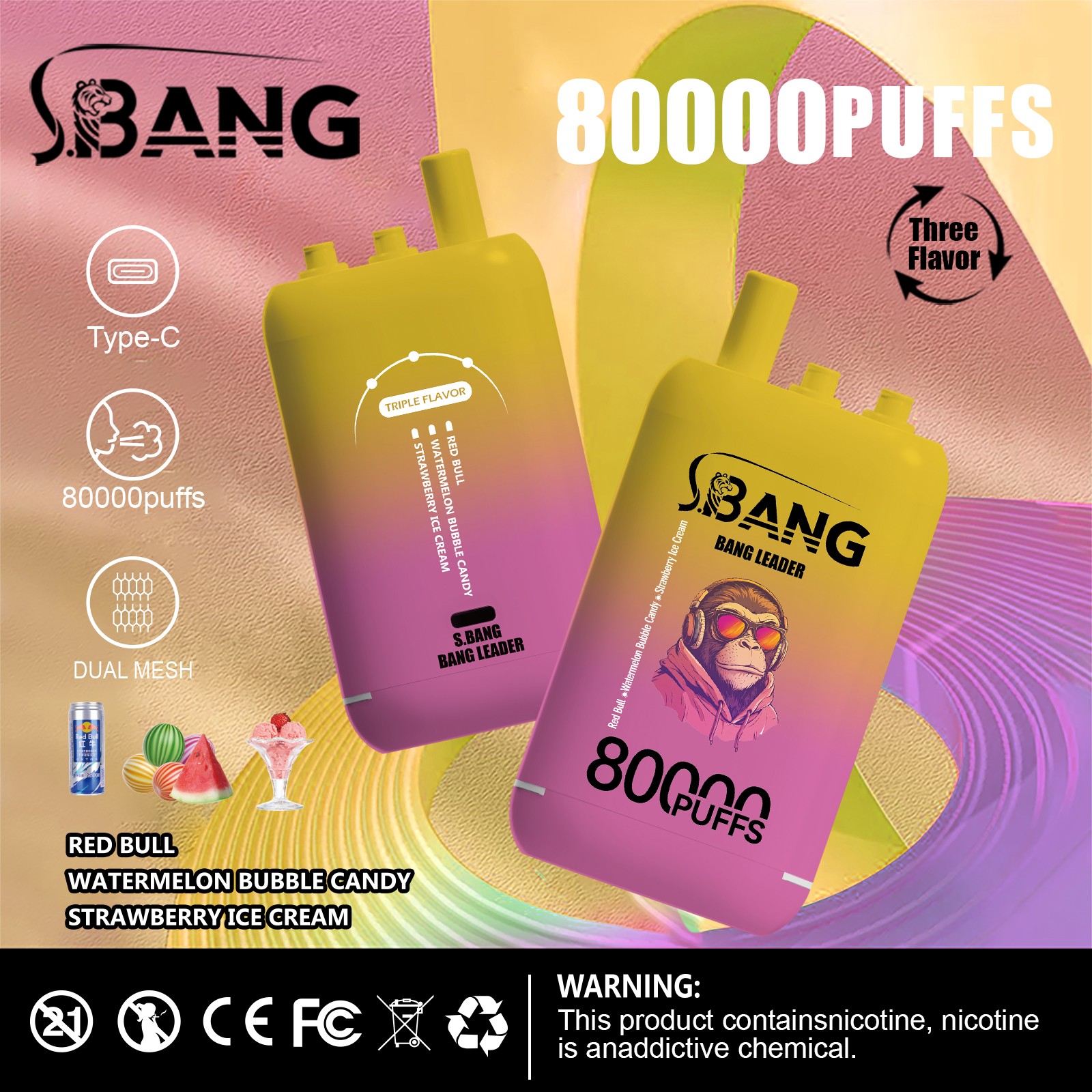 Bang Leader 80000 80K Puffs 3 in 1 Flavors Rechargeable Disposable Vape in Red Bull + Watermelon Bubble Candy + Strawberry Ice Cream flavor