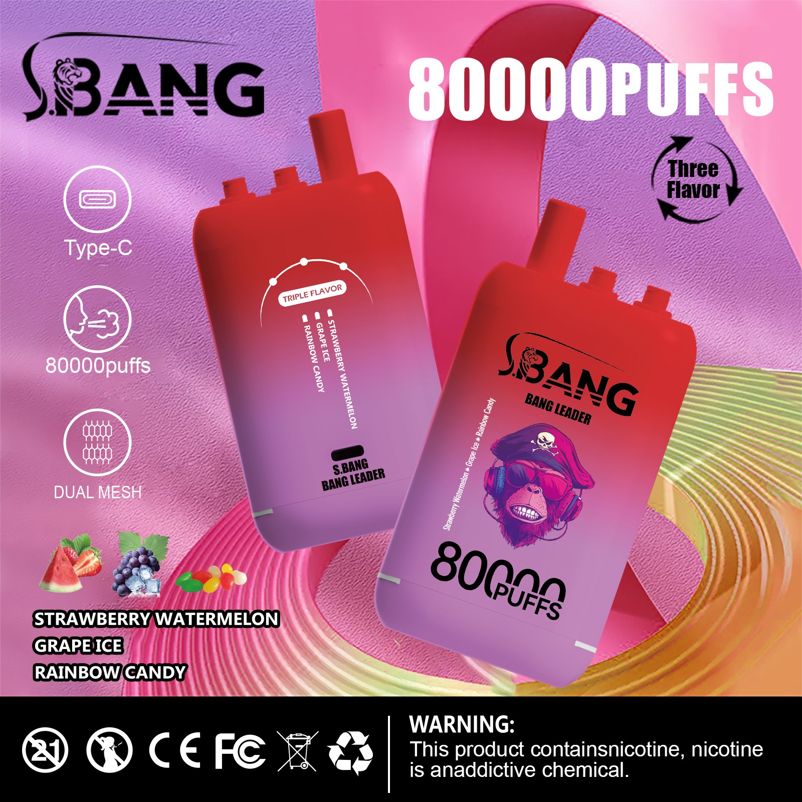 Bang Leader 80000 80K Puffs 3 in 1 Flavors Rechargeable Disposable Vape in Strawberry And Watermelon + Grape Ice + Rainbow Candy flavor