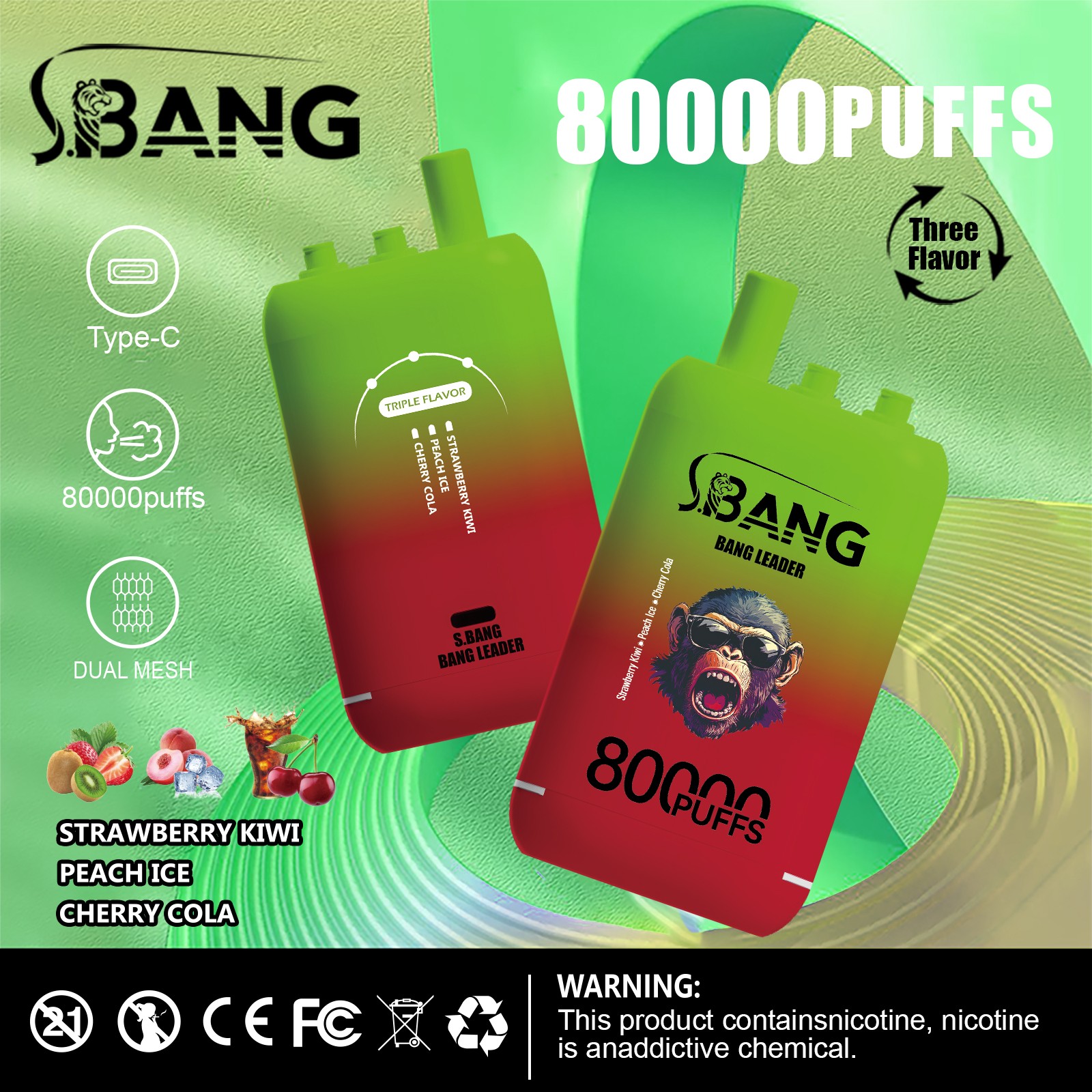 Bang Leader 80000 80K Puffs 3 in 1 Flavors Rechargeable Disposable Vape in Strawberry Kiwi + Peach Ice + Cherry Cola flavor