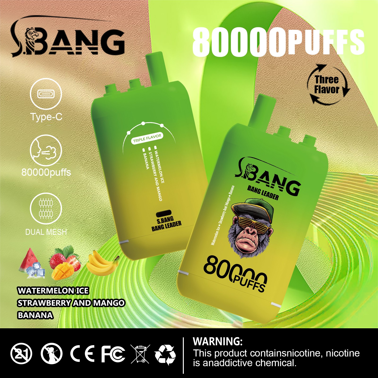 Bang Leader 80000 80K Puffs 3 in 1 Flavors Rechargeable Disposable Vape in Watermelon Ice + Strawberry And Mango + Banana flavor
