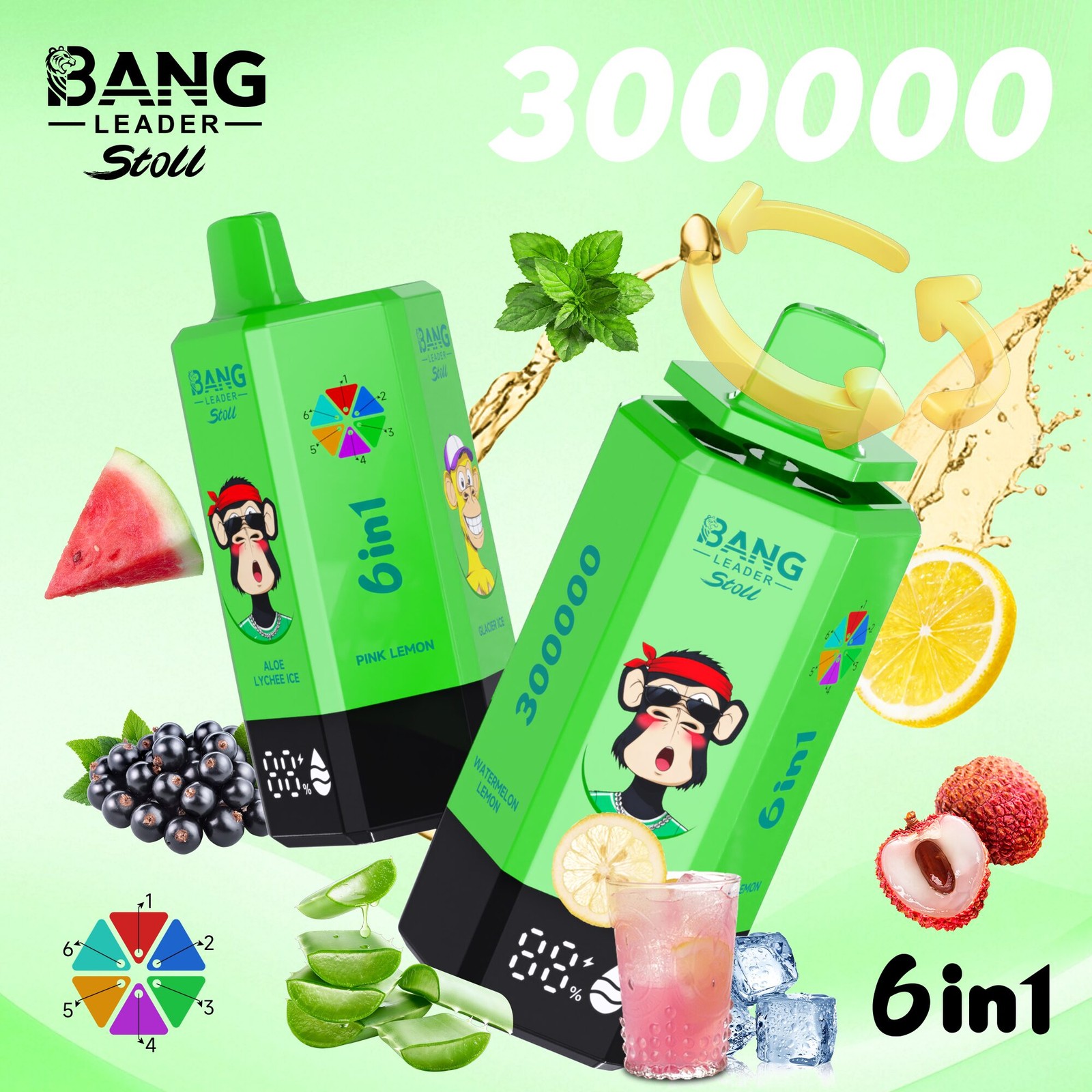 Bang Leader 300K 300000 Puffs 6-in-1 Flavors Rechargeable LED Display Disposable Vape in bang leader 300k 300000 aloe lychee ice pink lemon glacier ice