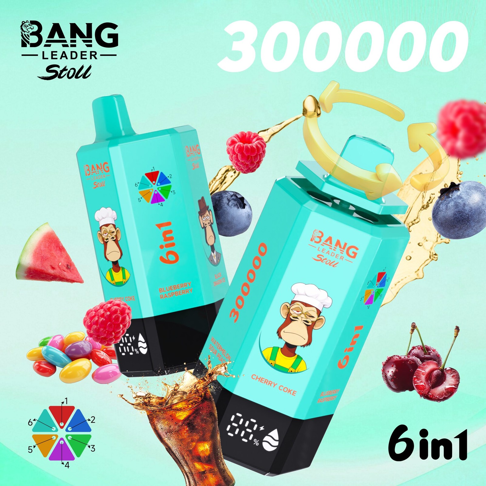 Bang Leader 300K 300000 Puffs 6-in-1 Flavors Rechargeable LED Display Disposable Vape in bang leader 300k 300000 cherry coke blueberry raspberry black